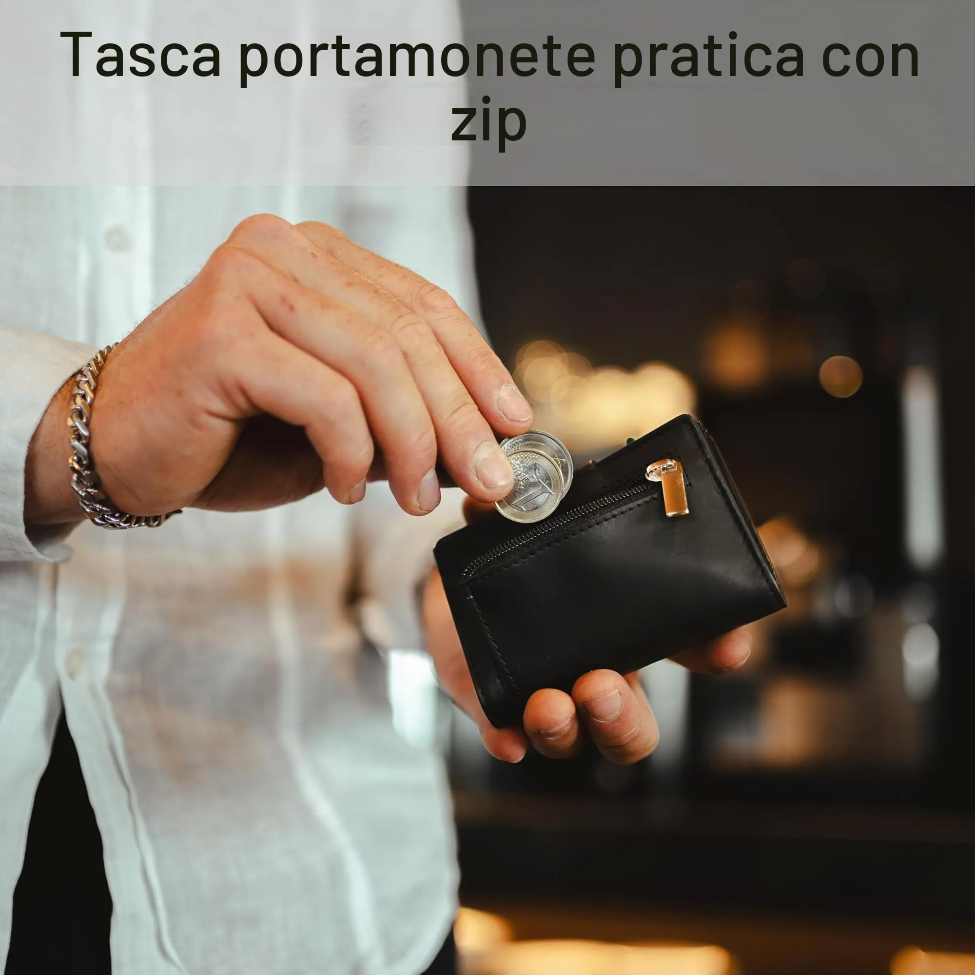 Baur Slim Wallet in vera pelle – portafoglio con custodia pop-up in alluminio & protezione RFID – piccolo portafoglio da uomo con portamonete – smart wallet (Portamonete con cerniera, nero) - immagine 4
