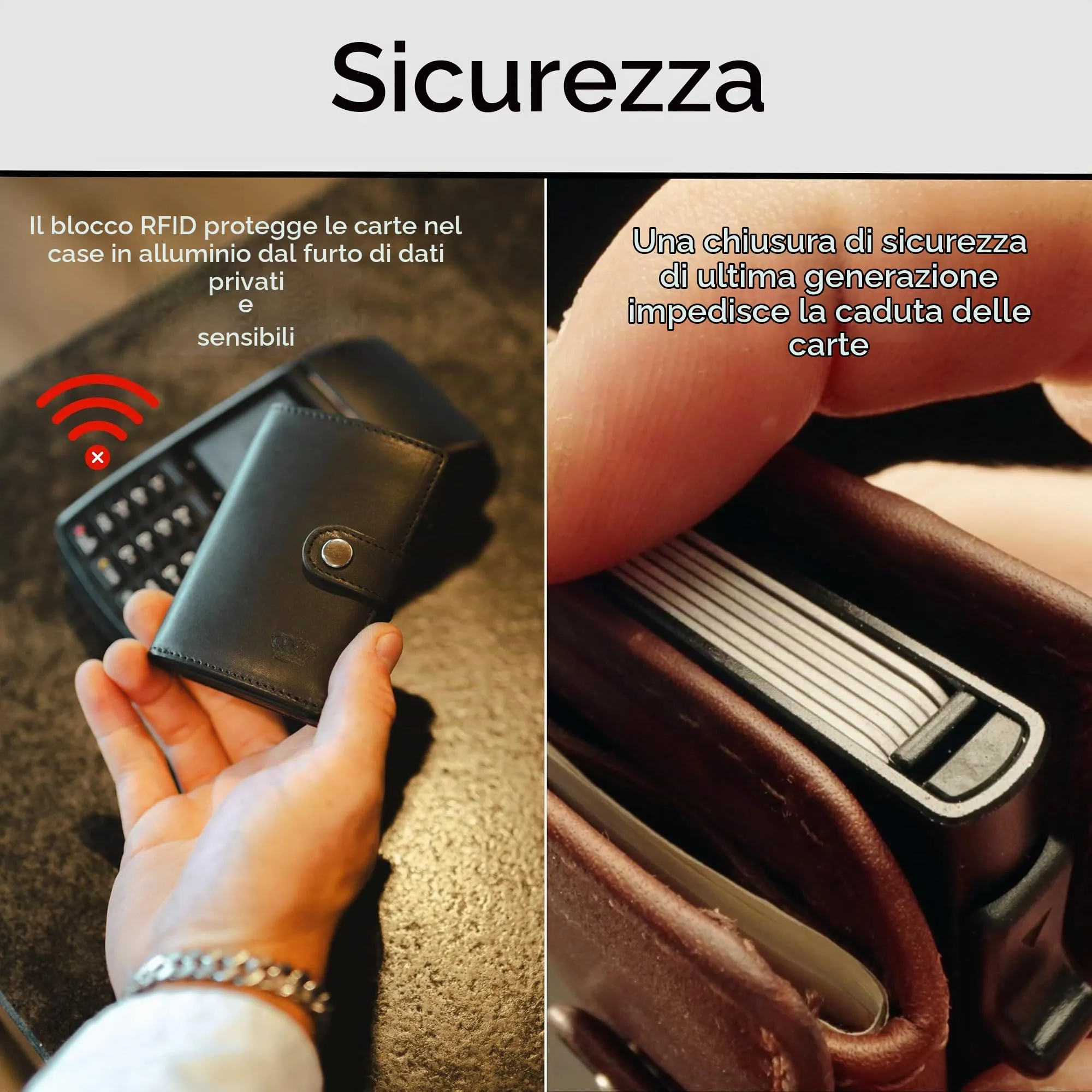 Baur Slim Wallet in vera pelle – portafoglio con custodia pop-up in alluminio & protezione RFID – piccolo portafoglio da uomo con portamonete – smart wallet (Portamonete con cerniera, nero) - immagine 5