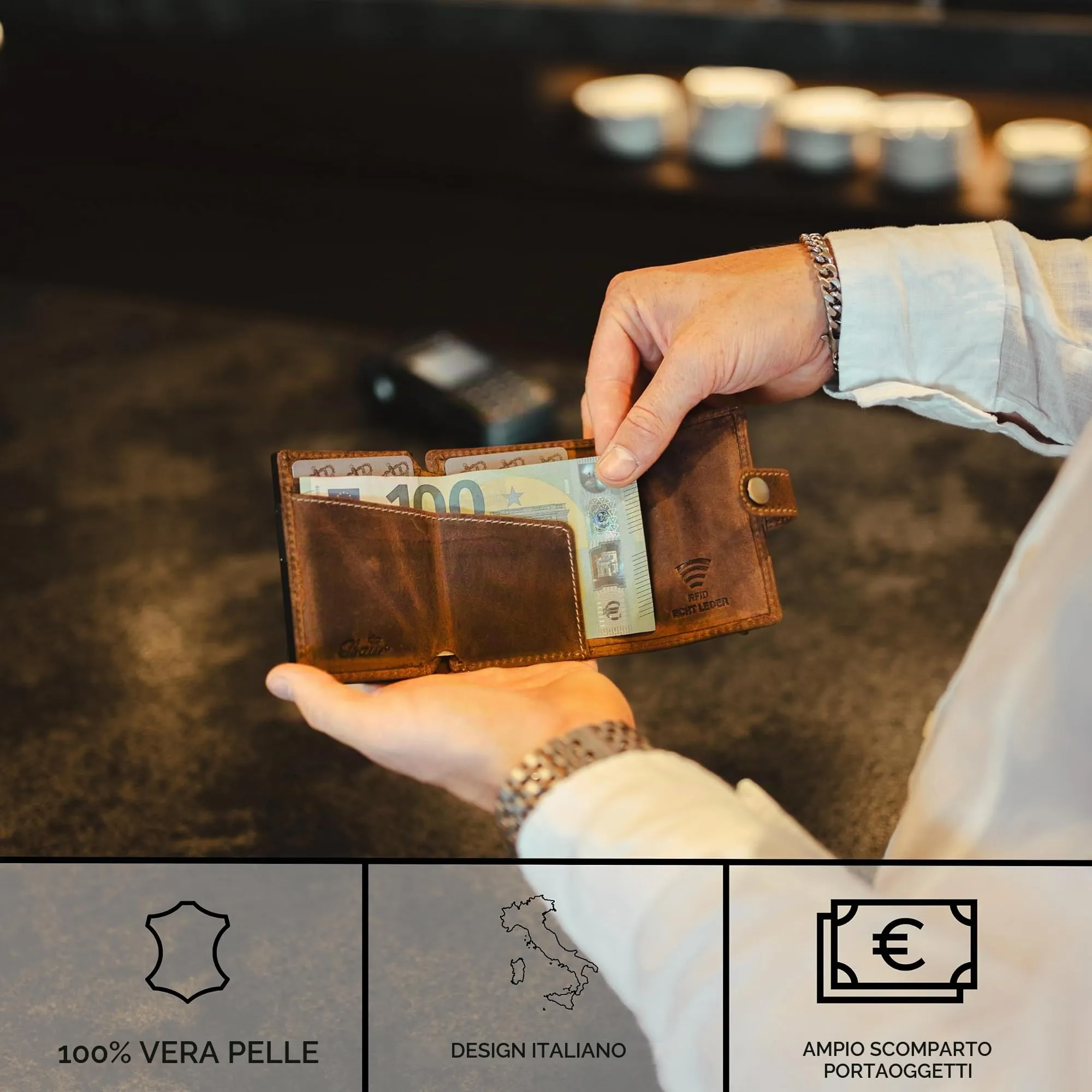 Baur Slim Wallet vera pelle – portafoglio pop-up alluminio & protezione RFID – portafoglio da uomo con portamonete – smart wallet (Portamonete con bottone a pressione, Pelle di bufalo marrone) - immagine 2