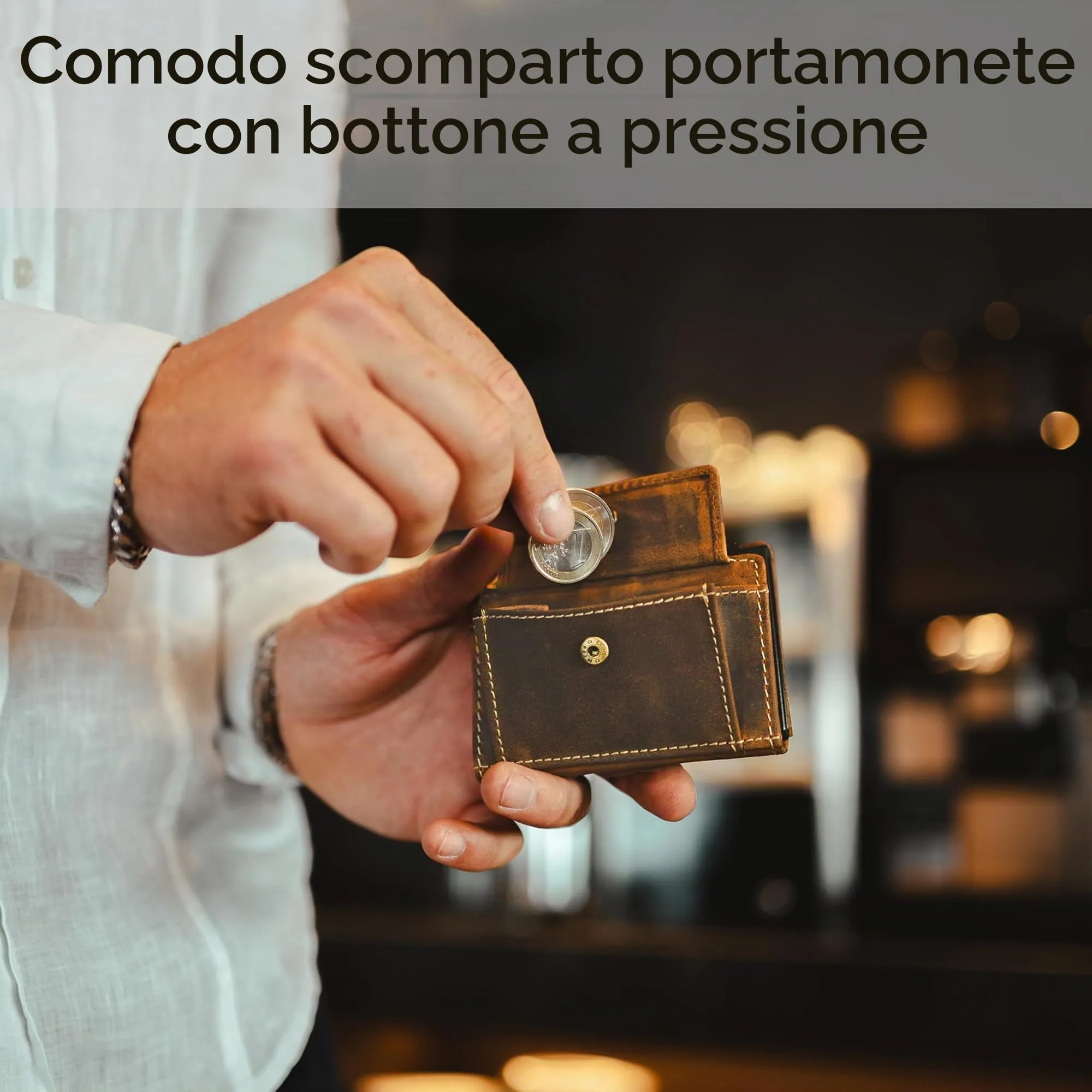 Baur Slim Wallet vera pelle – portafoglio pop-up alluminio & protezione RFID – portafoglio da uomo con portamonete – smart wallet (Portamonete con bottone a pressione, Pelle di bufalo marrone) - immagine 4