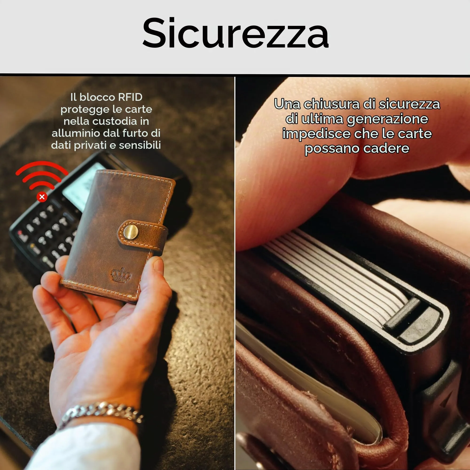 Baur Slim Wallet vera pelle – portafoglio pop-up alluminio & protezione RFID – portafoglio da uomo con portamonete – smart wallet (Portamonete con bottone a pressione, Pelle di bufalo marrone) - immagine 5