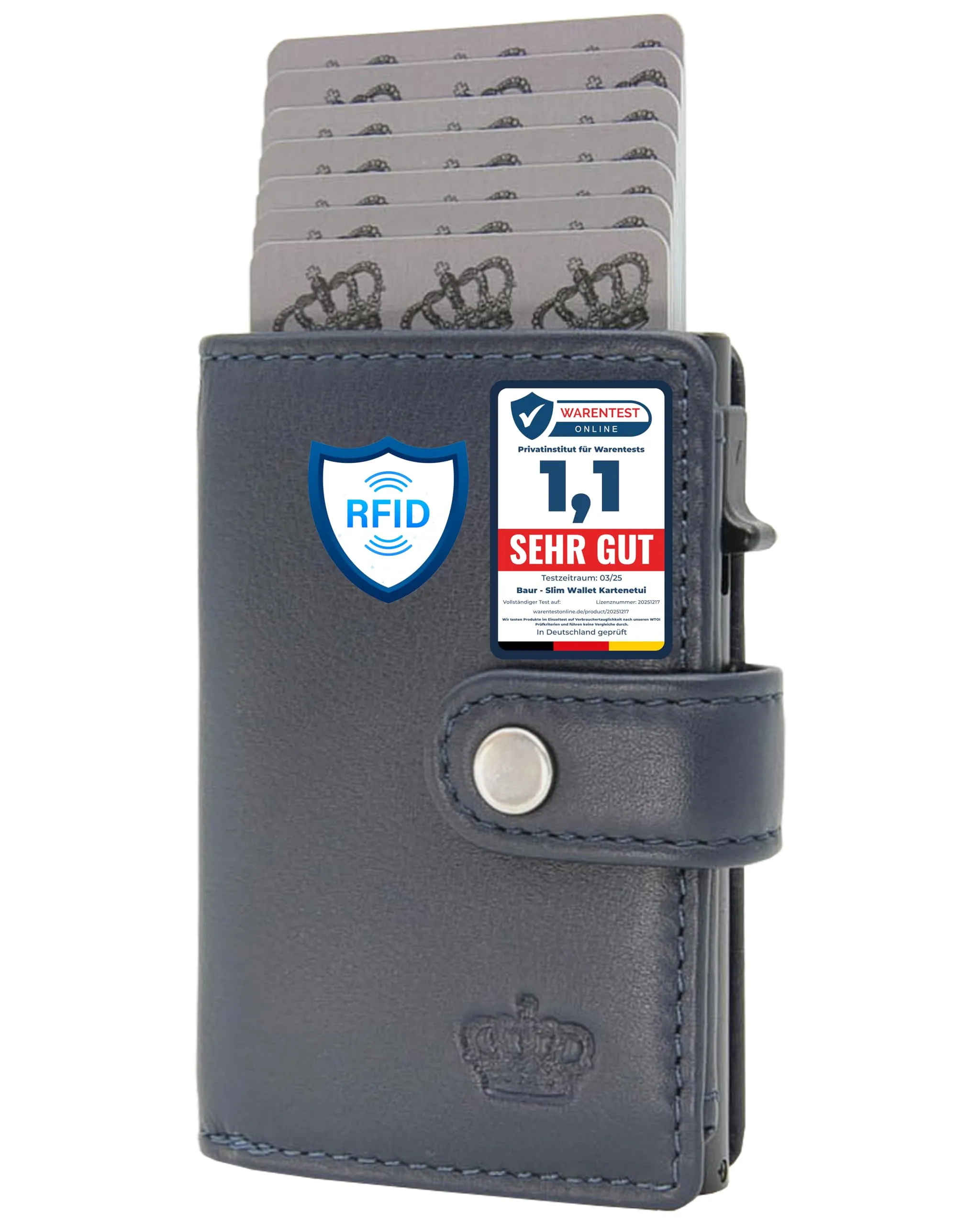 Baur Slim Wallet in vera pelle – portafoglio con custodia pop-up in alluminio & protezione RFID – piccolo portafoglio da uomo con portamonete – smart wallet (Portamonete con cerniera, blu scuro) - immagine 1