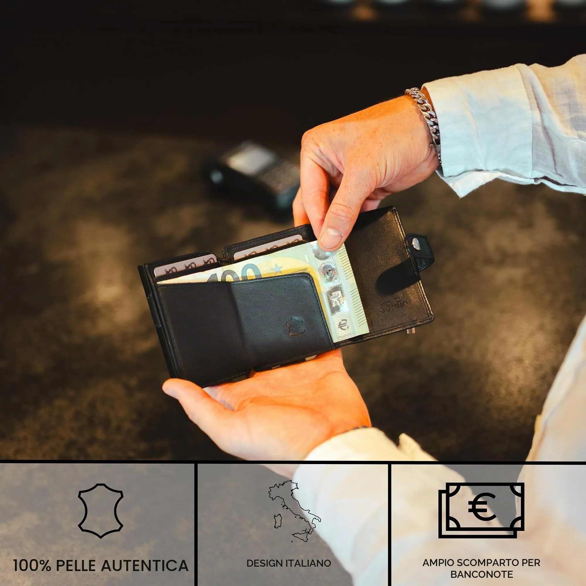 Baur Slim Wallet in vera pelle – portafoglio con custodia pop-up in alluminio & protezione RFID – piccolo portafoglio da uomo con portamonete – smart wallet (Portamonete con cerniera, blu scuro) - immagine 2