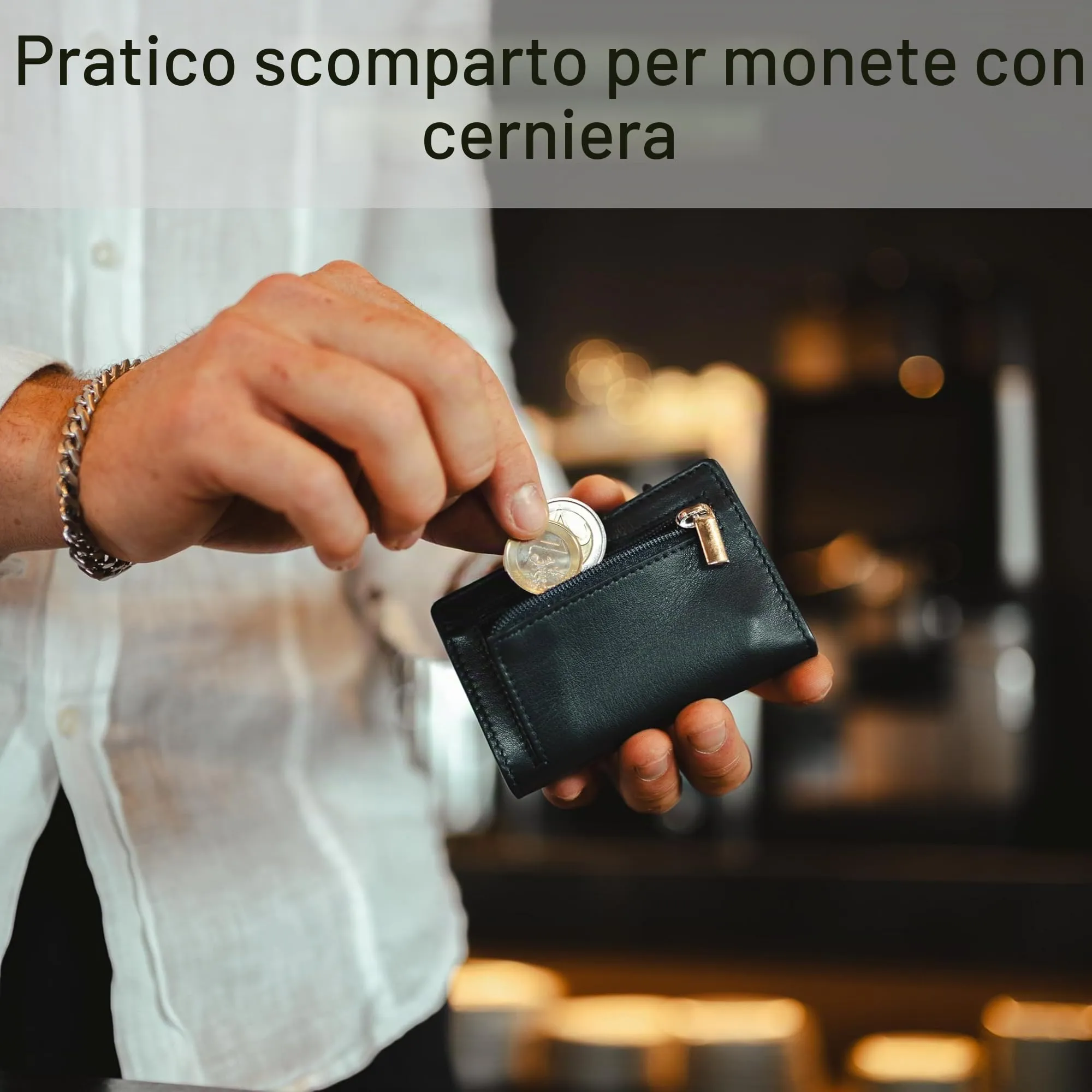 Baur Slim Wallet in vera pelle – portafoglio con custodia pop-up in alluminio & protezione RFID – piccolo portafoglio da uomo con portamonete – smart wallet (Portamonete con cerniera, blu scuro) - immagine 4