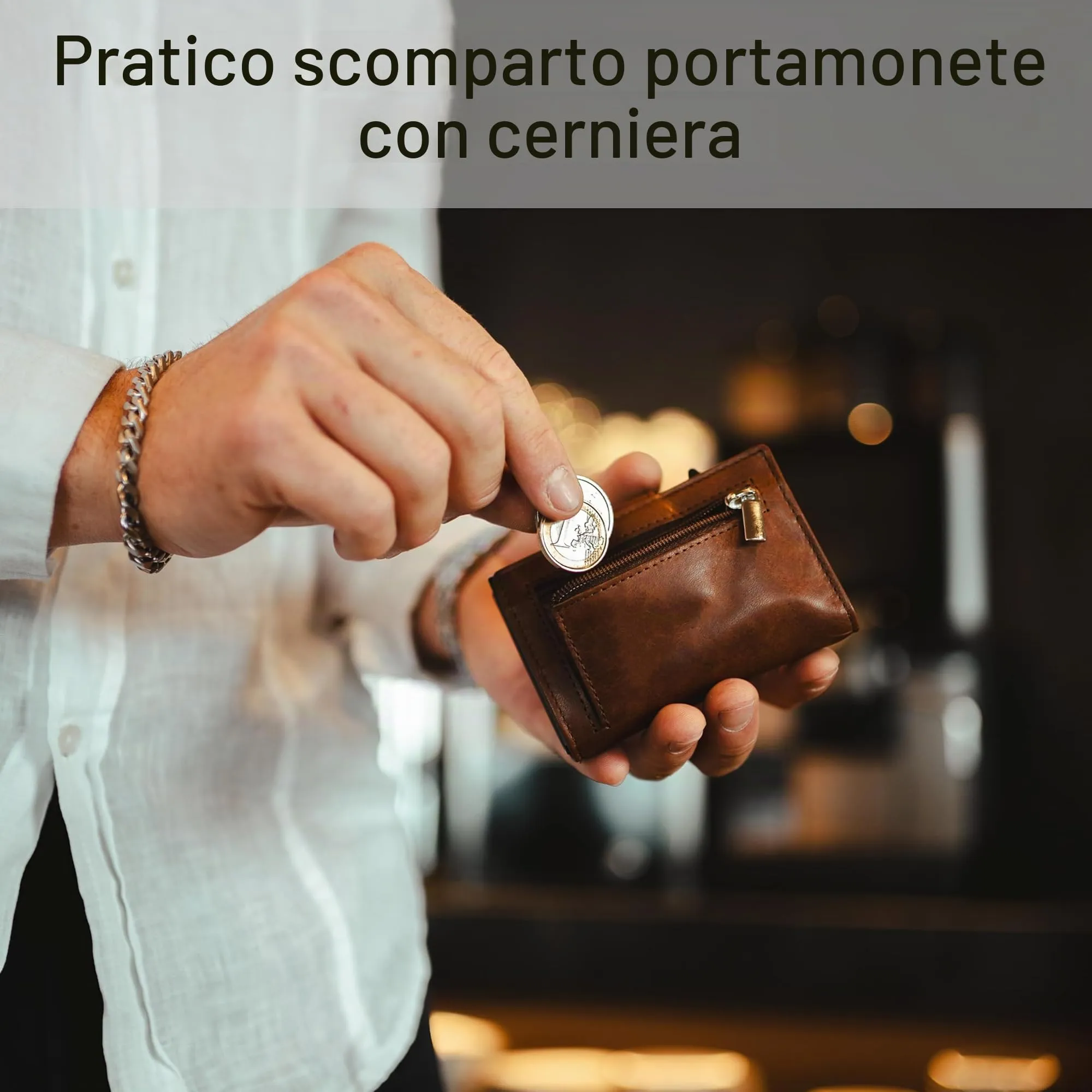 Baur Slim Wallet in vera pelle – portafoglio pop-up alluminio & protezione RFID – piccolo portafoglio da uomo con portamonete – smart wallet (Portamonete con cerniera, marrone scuro) - immagine 4