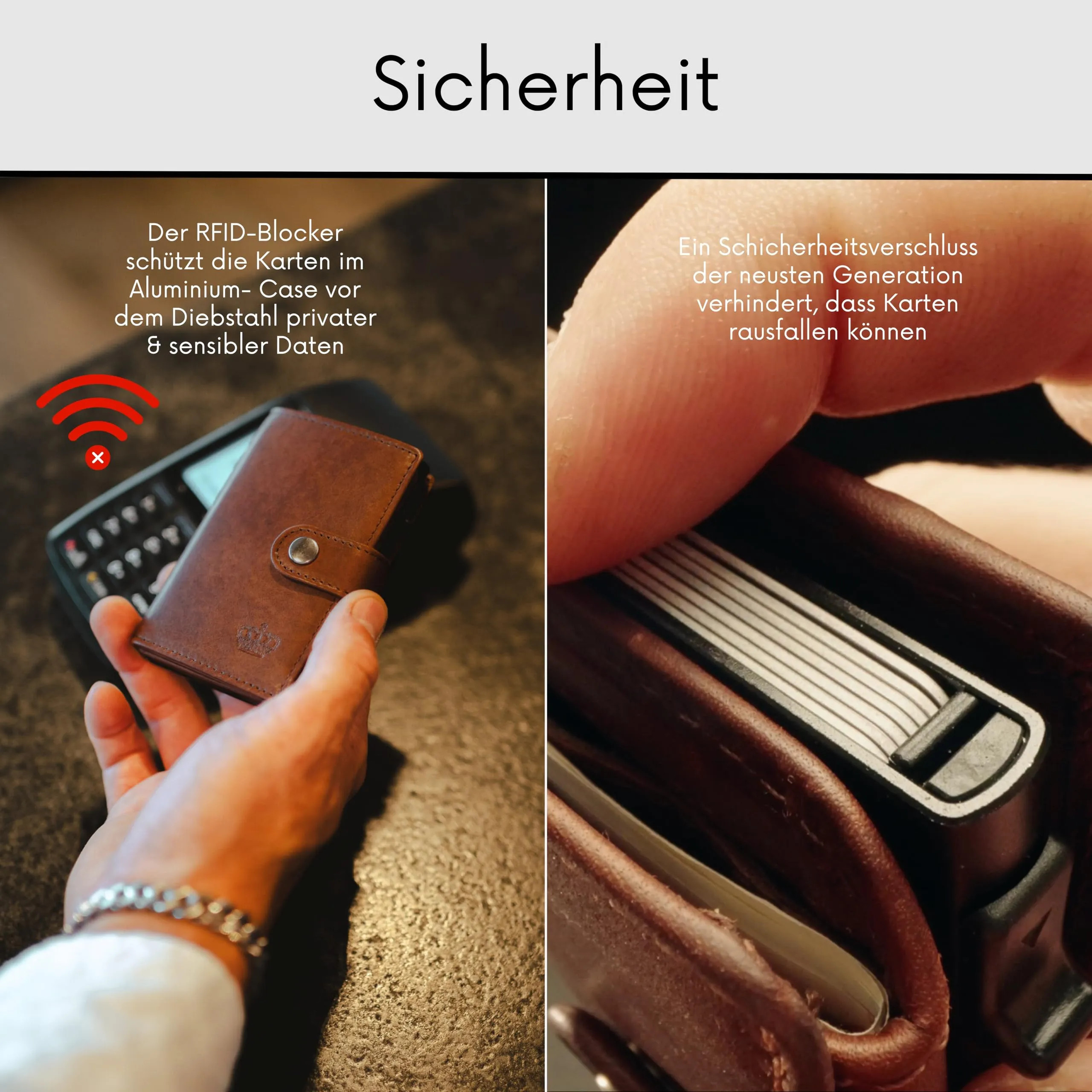 Baur Slim Wallet in vera pelle – portafoglio pop-up alluminio & protezione RFID – piccolo portafoglio da uomo con portamonete – smart wallet (Portamonete con cerniera, marrone scuro) - immagine 5