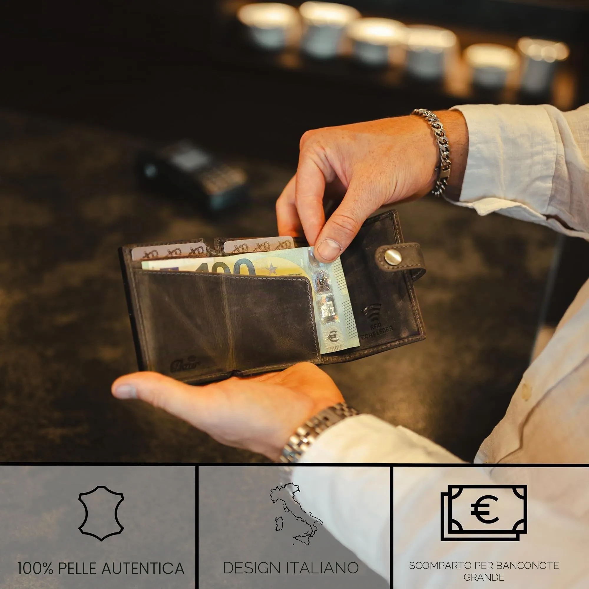 Baur Slim Wallet in vera pelle – portafoglio pop-up alluminio & protezione RFID – piccolo portafoglio da uomo con portamonete – smart wallet (Portamonete con cerniera, Pelle di bufalo grigio) - immagine 2