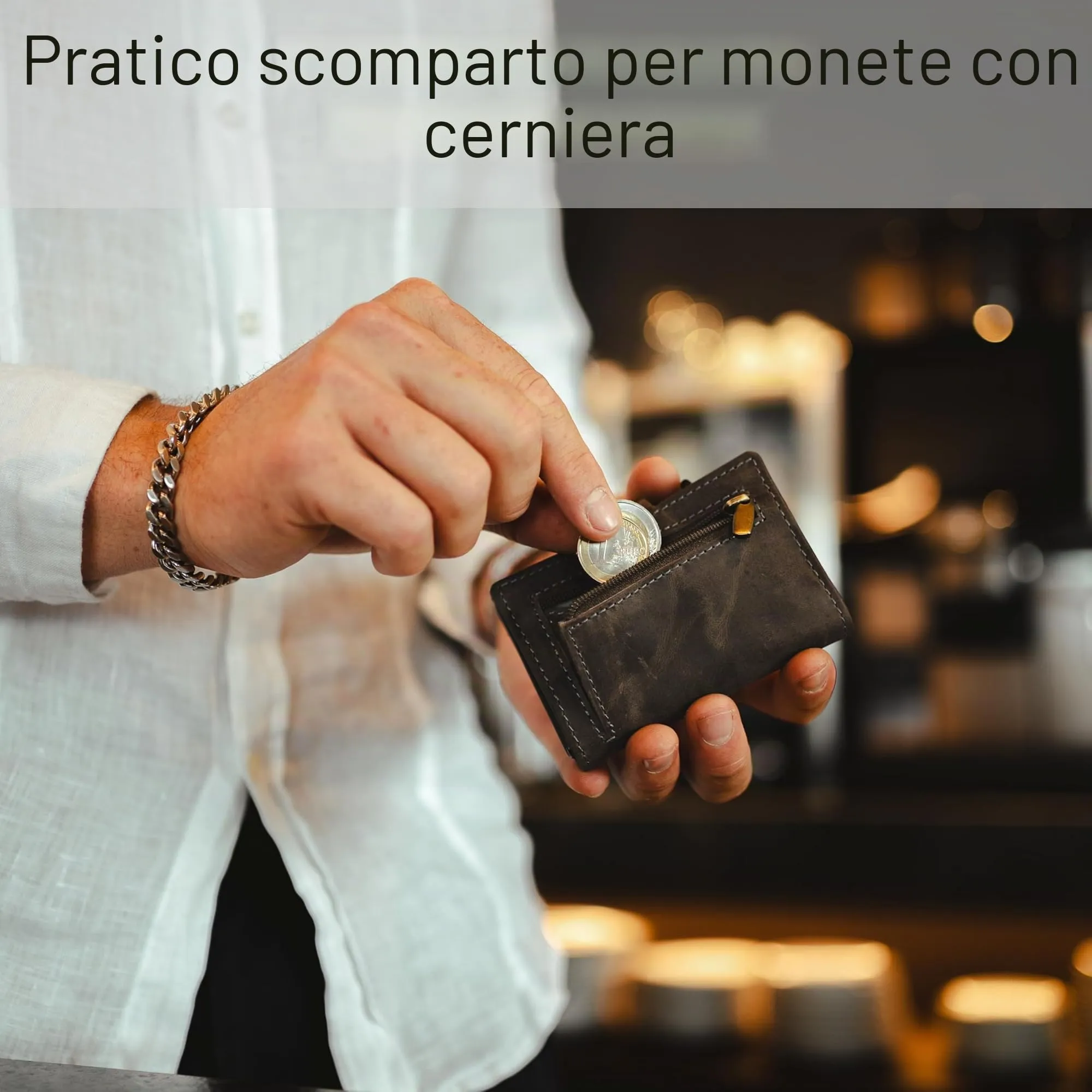 Baur Slim Wallet in vera pelle – portafoglio pop-up alluminio & protezione RFID – piccolo portafoglio da uomo con portamonete – smart wallet (Portamonete con cerniera, Pelle di bufalo grigio) - immagine 4