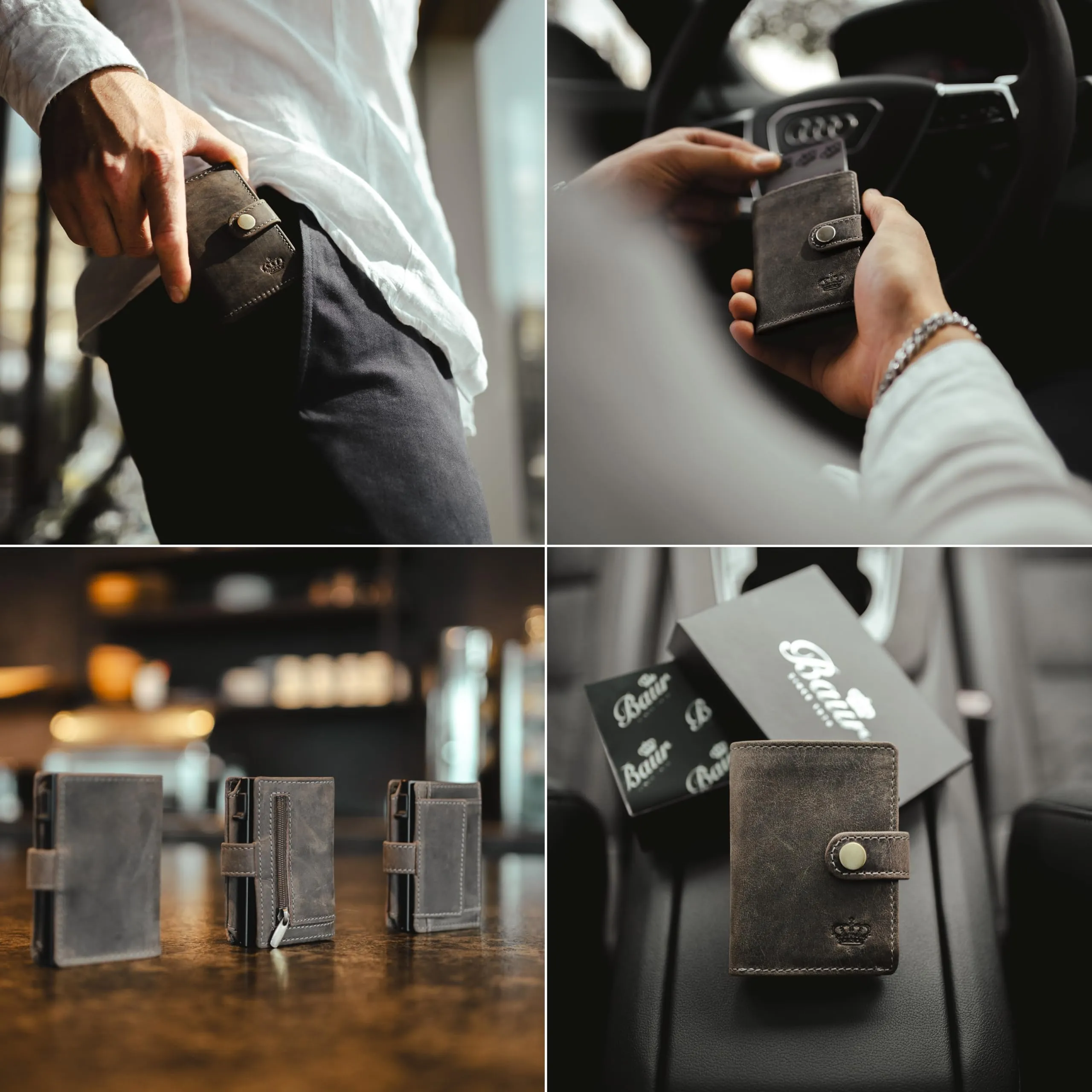 Baur Slim Wallet vera pelle – portafoglio pop-up alluminio & protezione RFID – portafoglio da uomo con portamonete – smart wallet (Portamonete con bottone a pressione, Pelle di bufalo grigio) - immagine 3