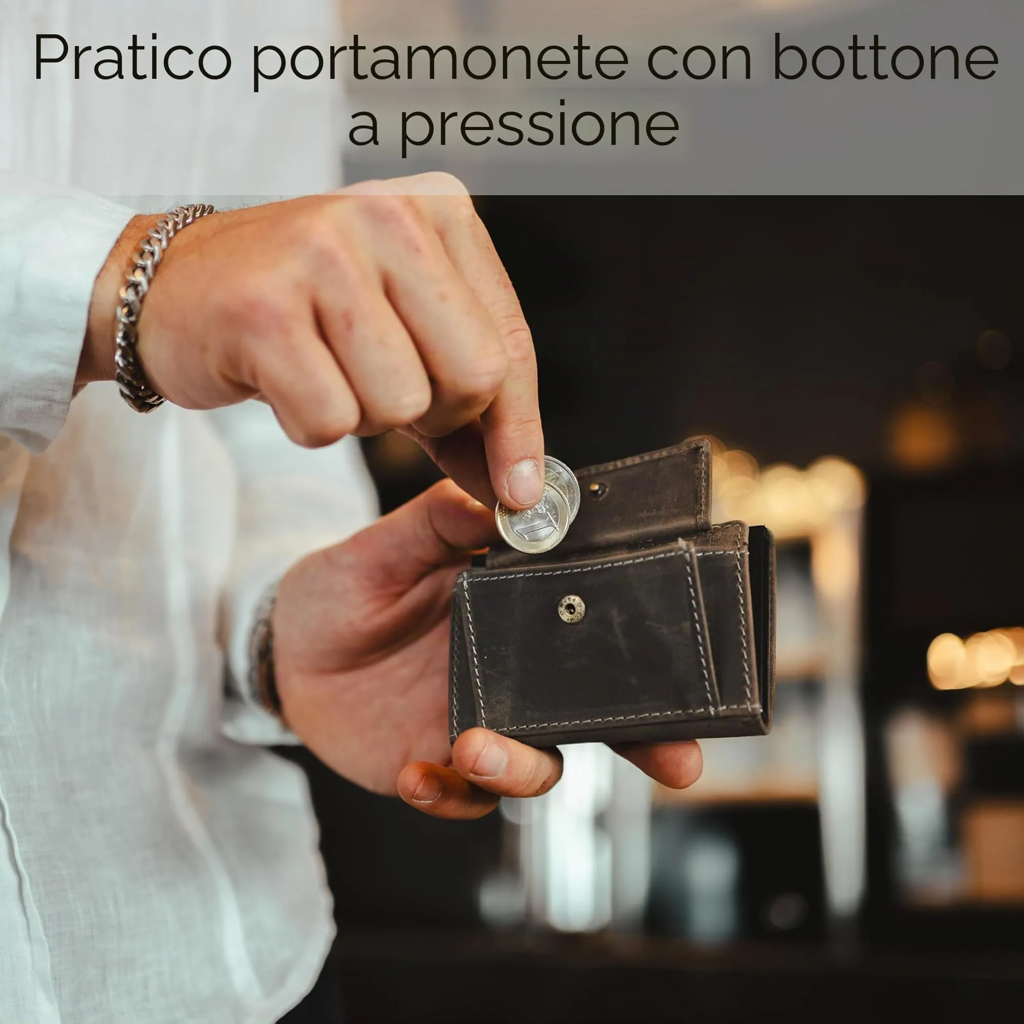 Baur Slim Wallet vera pelle – portafoglio pop-up alluminio & protezione RFID – portafoglio da uomo con portamonete – smart wallet (Portamonete con bottone a pressione, Pelle di bufalo grigio) - immagine 4