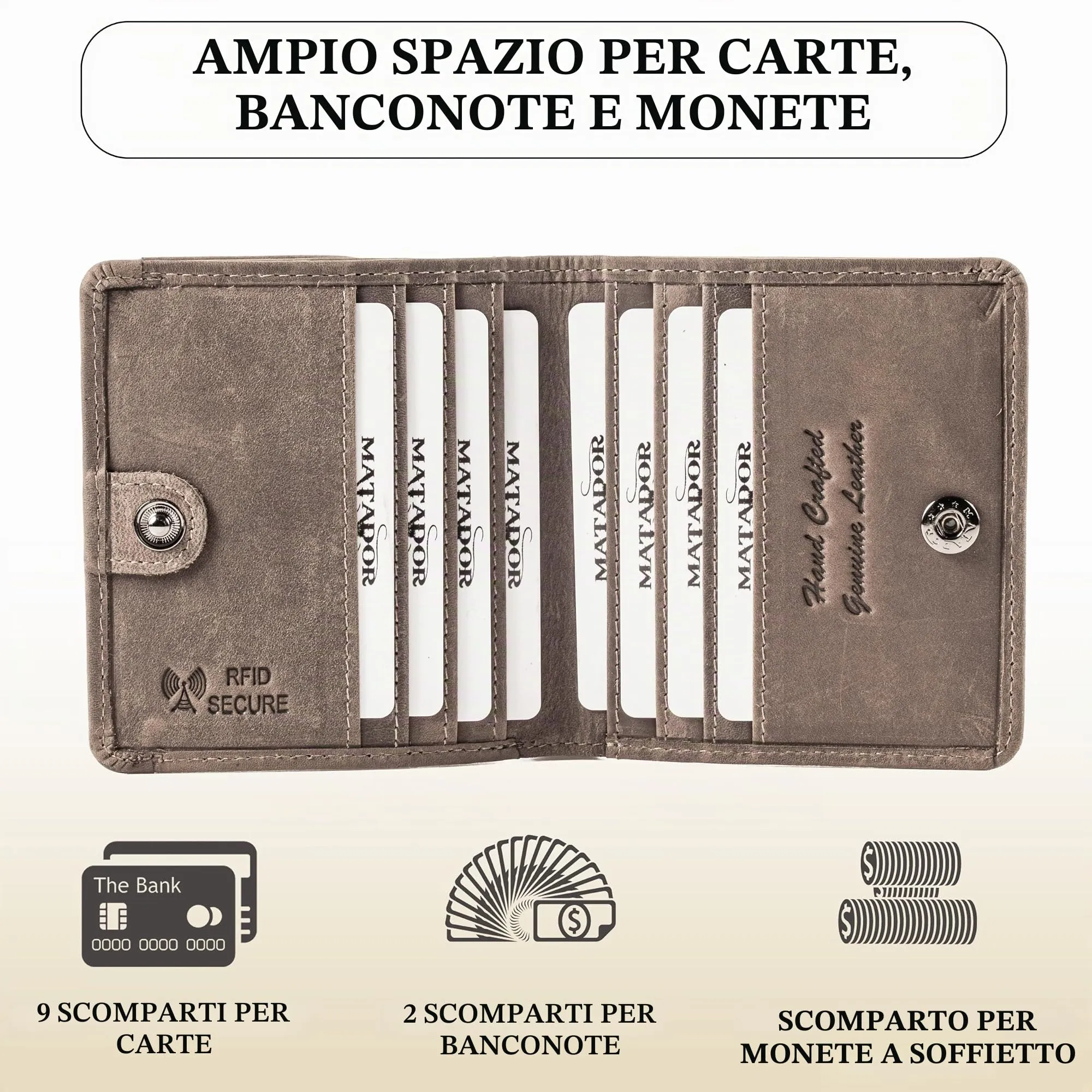 Matador Portafoglio Uomo Piccolo Pelle RFID Portamonete Grigio - immagine 2