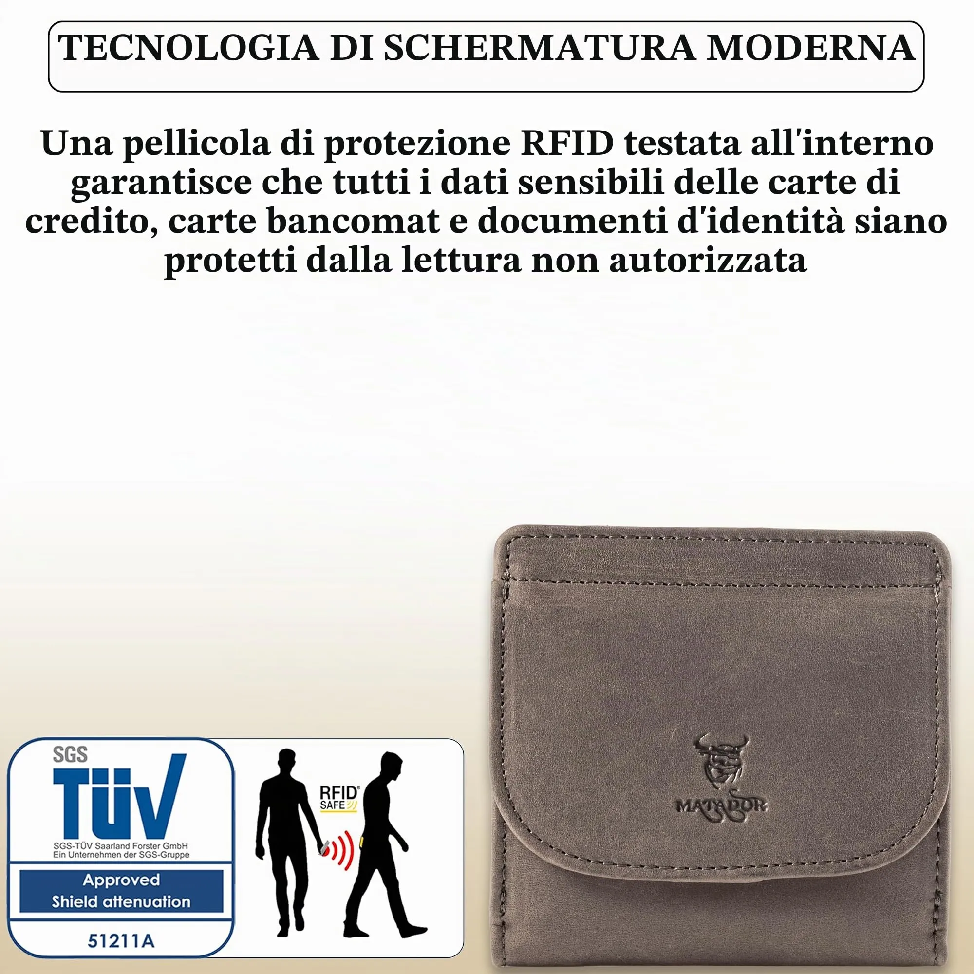 Matador Portafoglio Uomo Piccolo Pelle RFID Portamonete Grigio - immagine 5