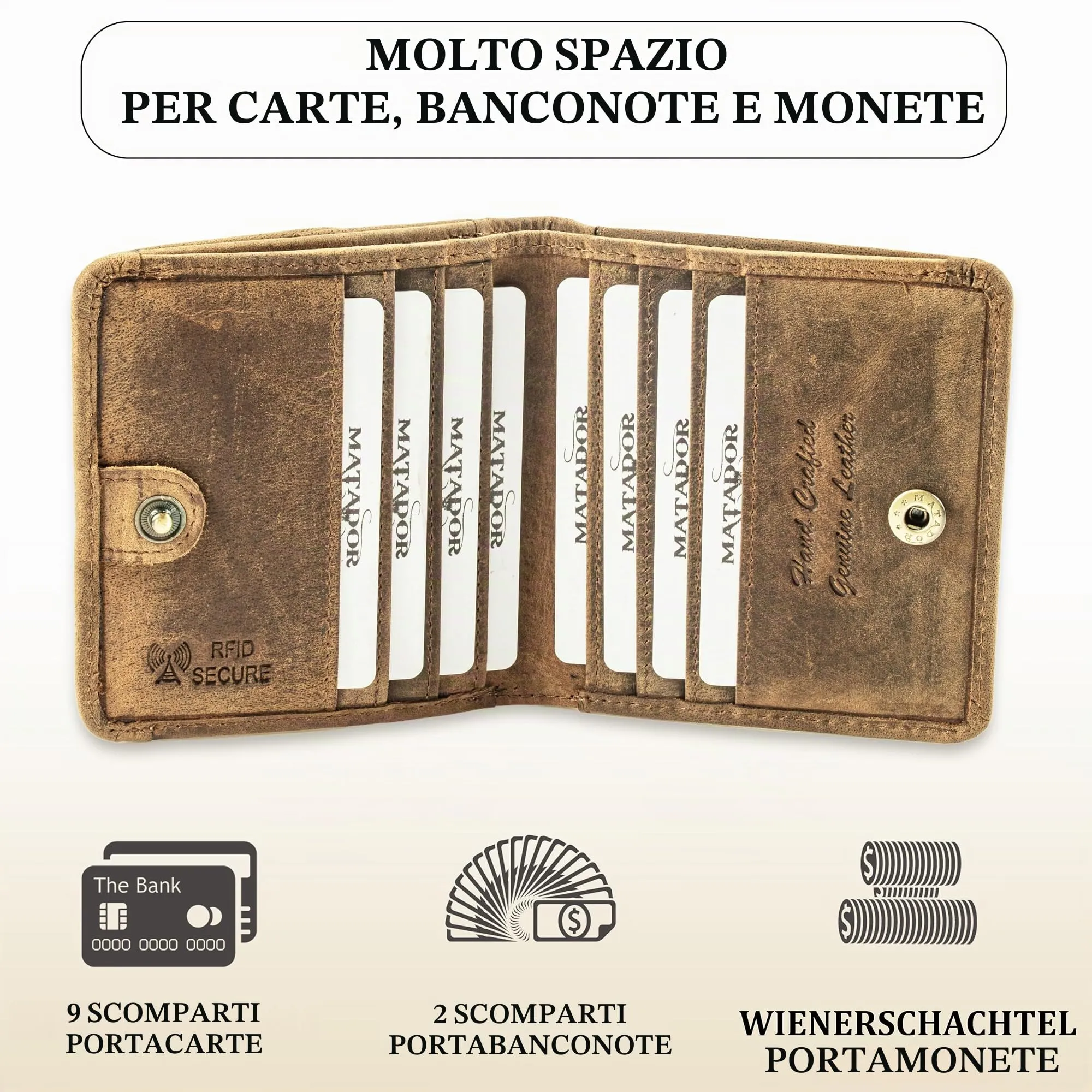 Matador Portafoglio Uomo Piccolo Pelle RFID Portamonete Marrone Cacciatore - immagine 2