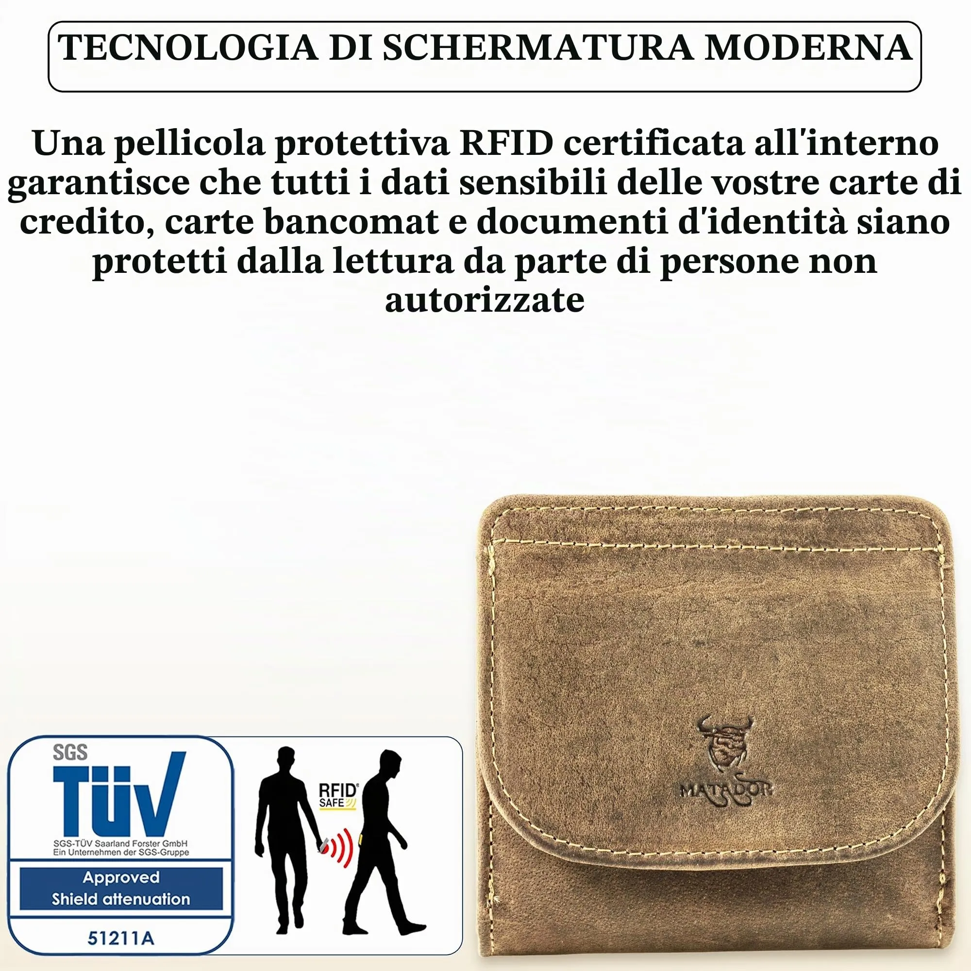 Matador Portafoglio Uomo Piccolo Pelle RFID Portamonete Marrone Cacciatore - immagine 5