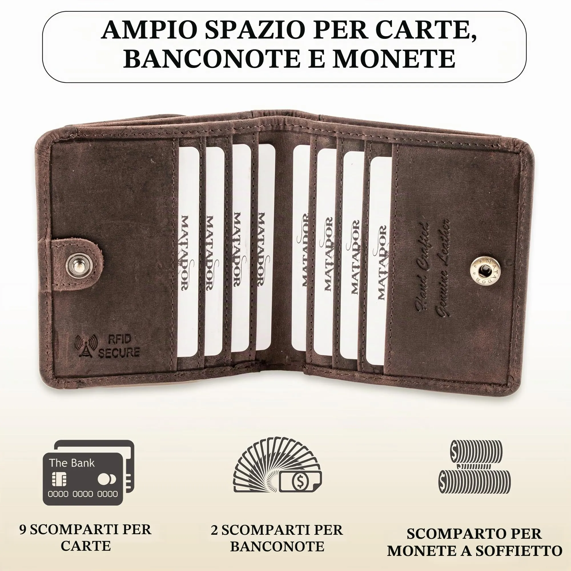 Matador Portafoglio Uomo Piccolo Pelle RFID Portamonete Marrone Scuro - immagine 2