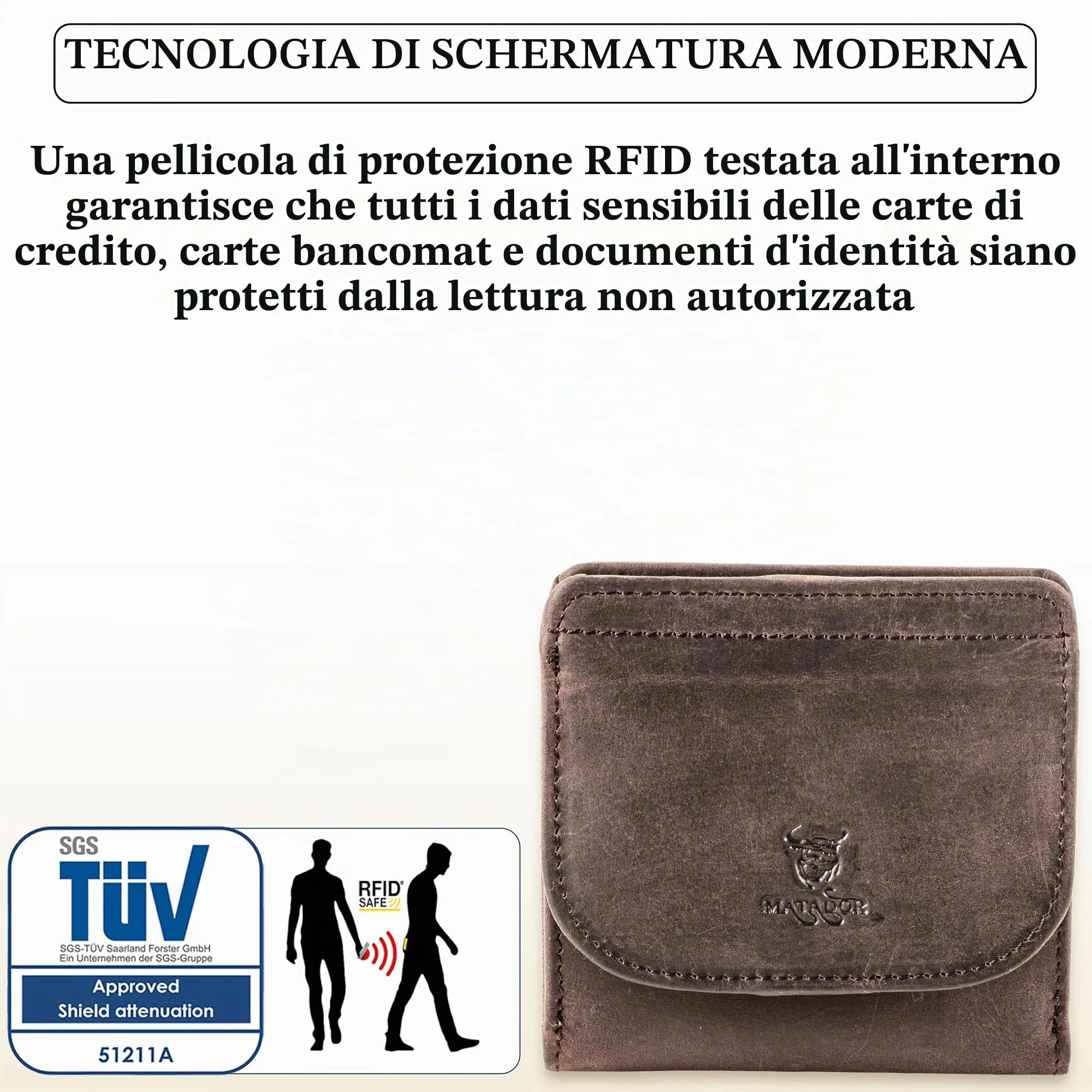 Matador Portafoglio Uomo Piccolo Pelle RFID Portamonete Marrone Scuro - immagine 5