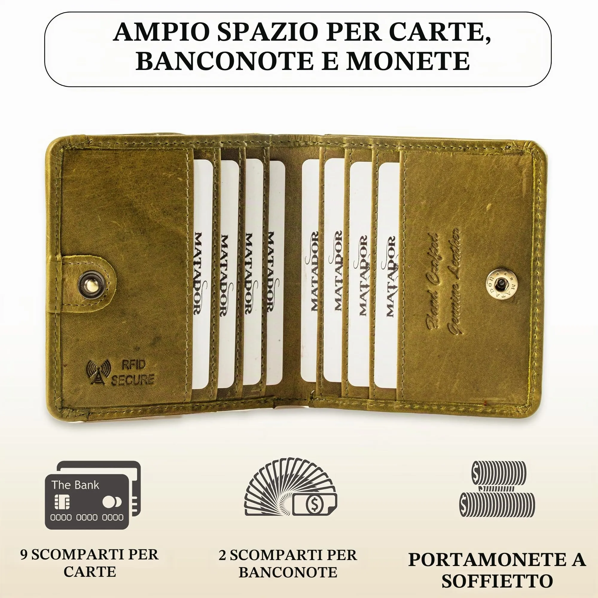 Matador Portafoglio Donna Piccolo Pelle RFID Portamonete Verde Chiaro - immagine 2