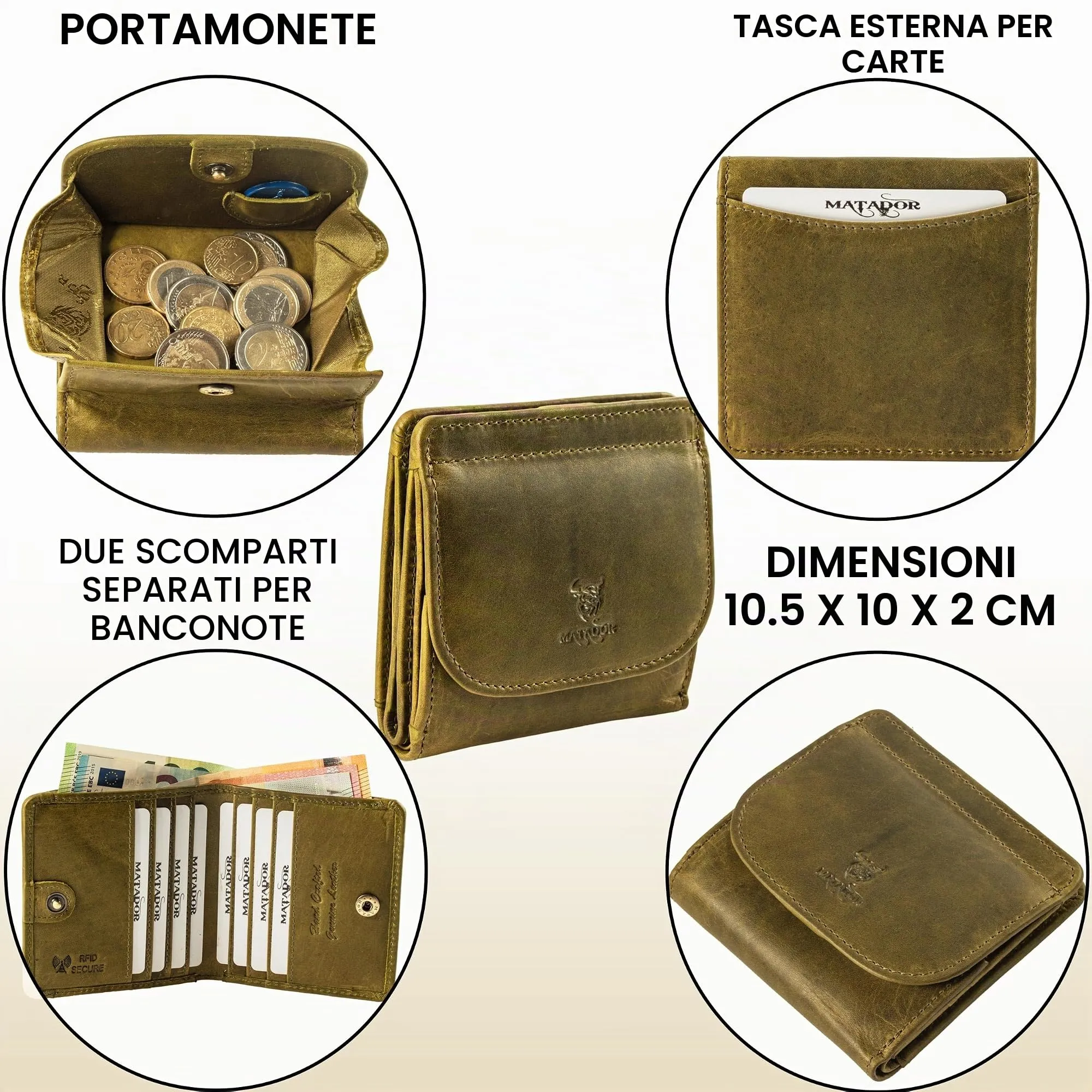 Matador Portafoglio Donna Piccolo Pelle RFID Portamonete Verde Chiaro - immagine 4