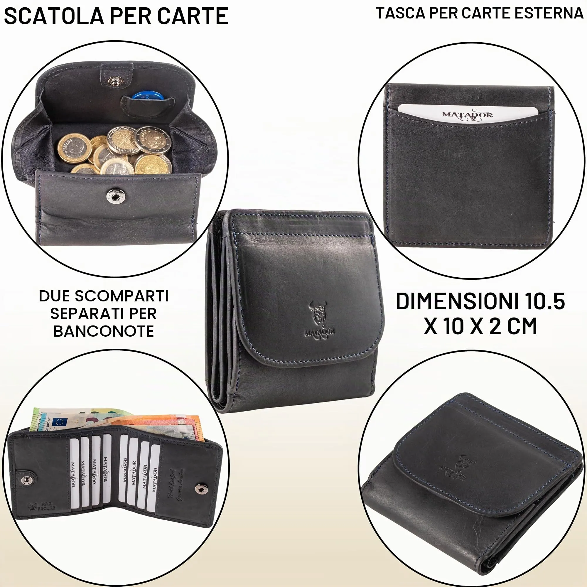 Matador Portafoglio Uomo Piccolo Pelle RFID Portamonete Blu Navy - immagine 4