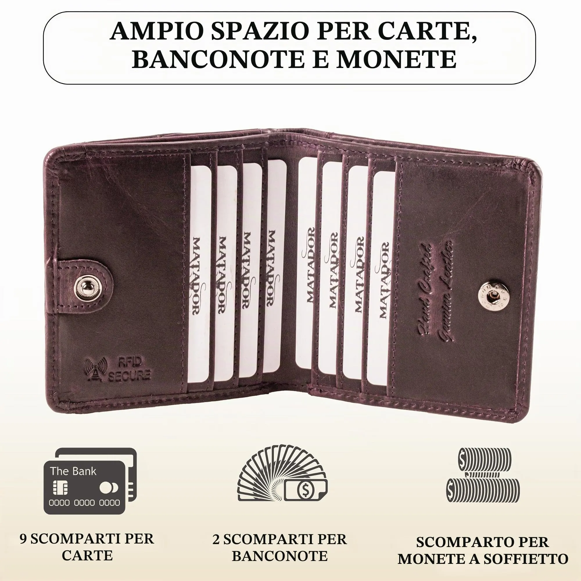 Matador Portafoglio Donna Piccolo Pelle RFID Portamonete Viola - immagine 2