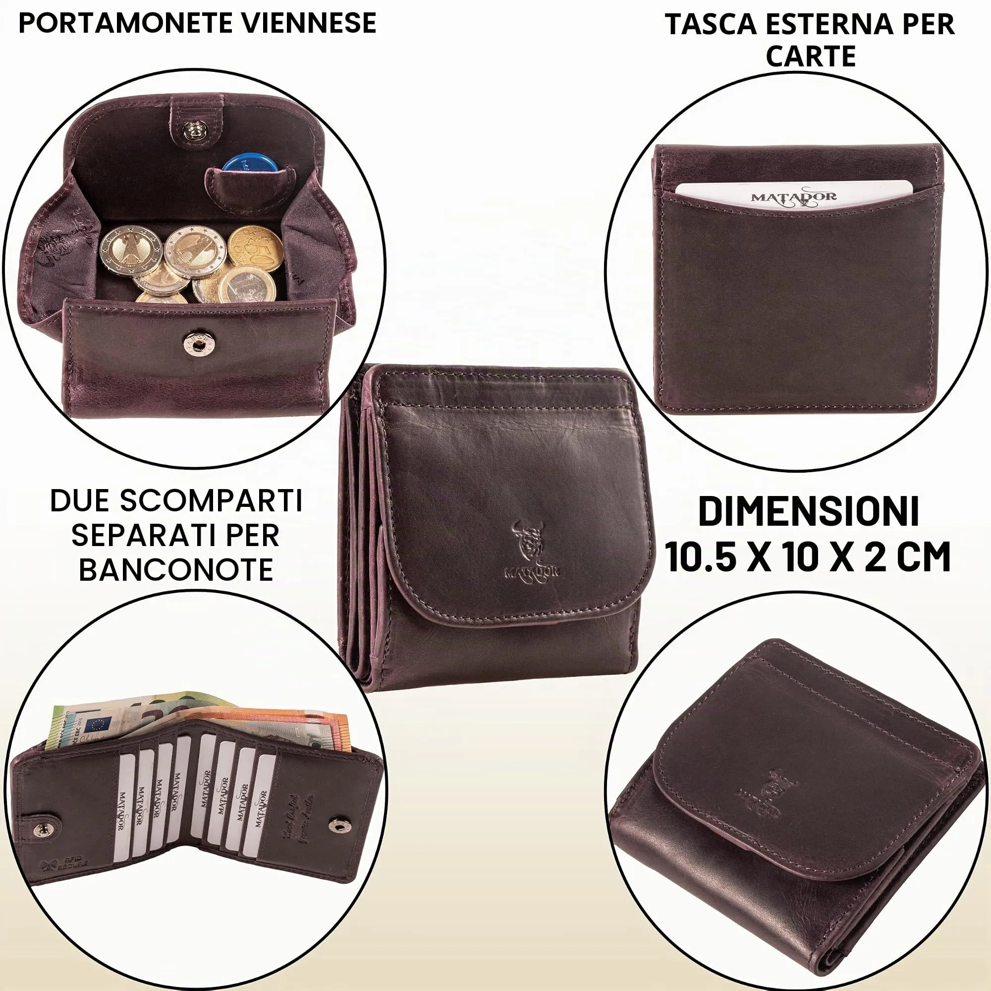 Matador Portafoglio Donna Piccolo Pelle RFID Portamonete Viola - immagine 4