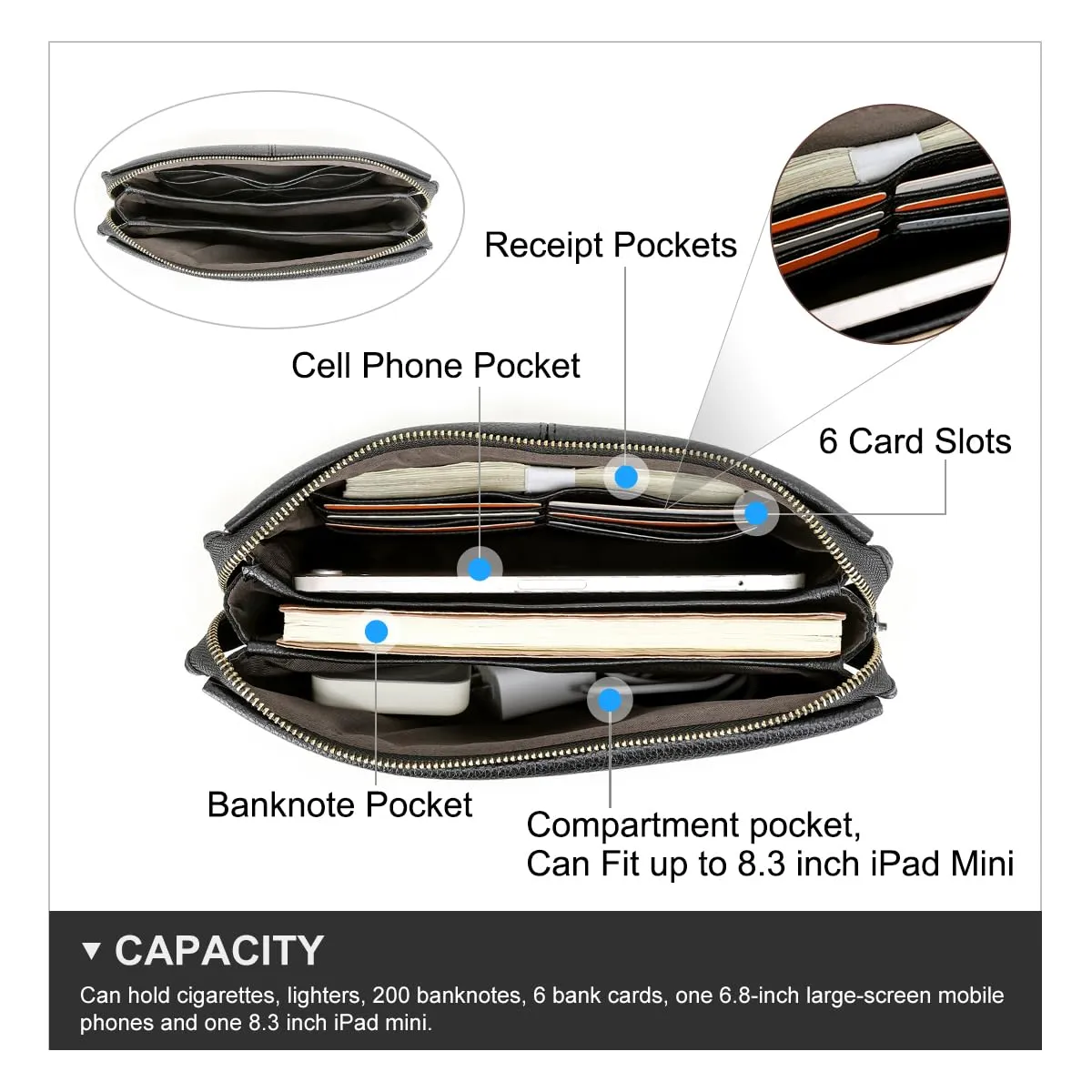 Contacts Uomo Pelle Porta Carta d'Identità Organizer Pochette per Uomo, Grande Capacità con Blocco Antifurto Viaggio Passaporto Portafoglio Telefono Porta-carte Borsa con Cinturino - immagine 3