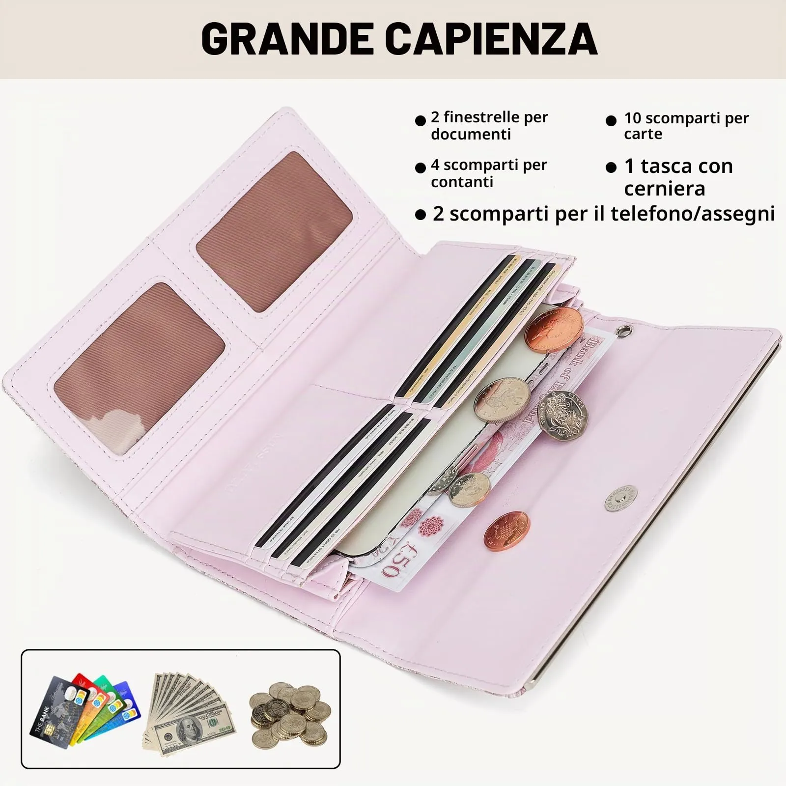 Miss Lulu Portafoglio Donna Grande, Elegante Portafoglio Donna, Portamonete Donna in Pelle Sintetica con Stampa Bianca, Borsellino Donna Piccolo - immagine 3