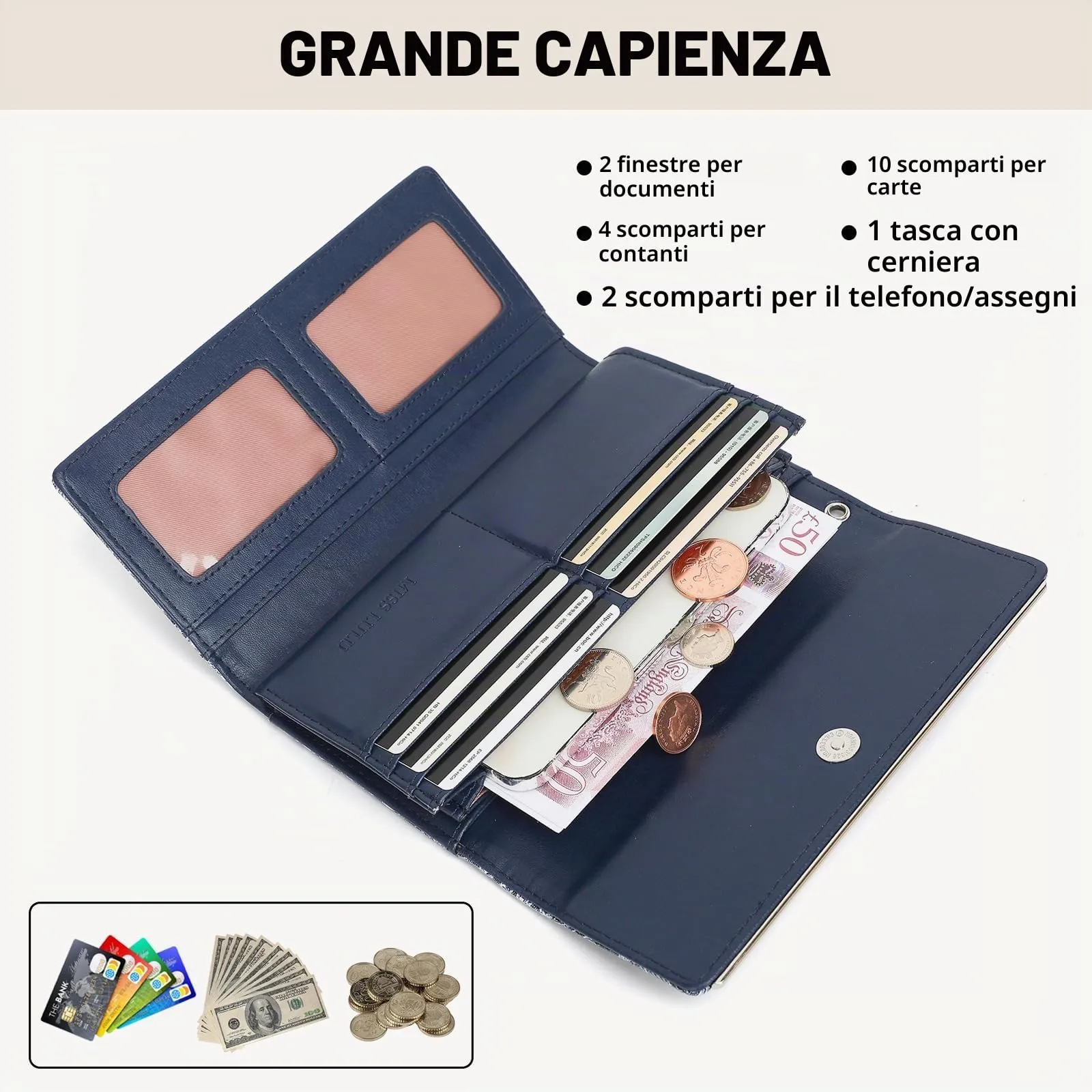 Miss Lulu Portafoglio Donna Grande, Elegante Portafoglio Donna, Portamonete Donna in Pelle Sintetica con Stampa Bianca, Borsellino Donna Piccolo - immagine 3