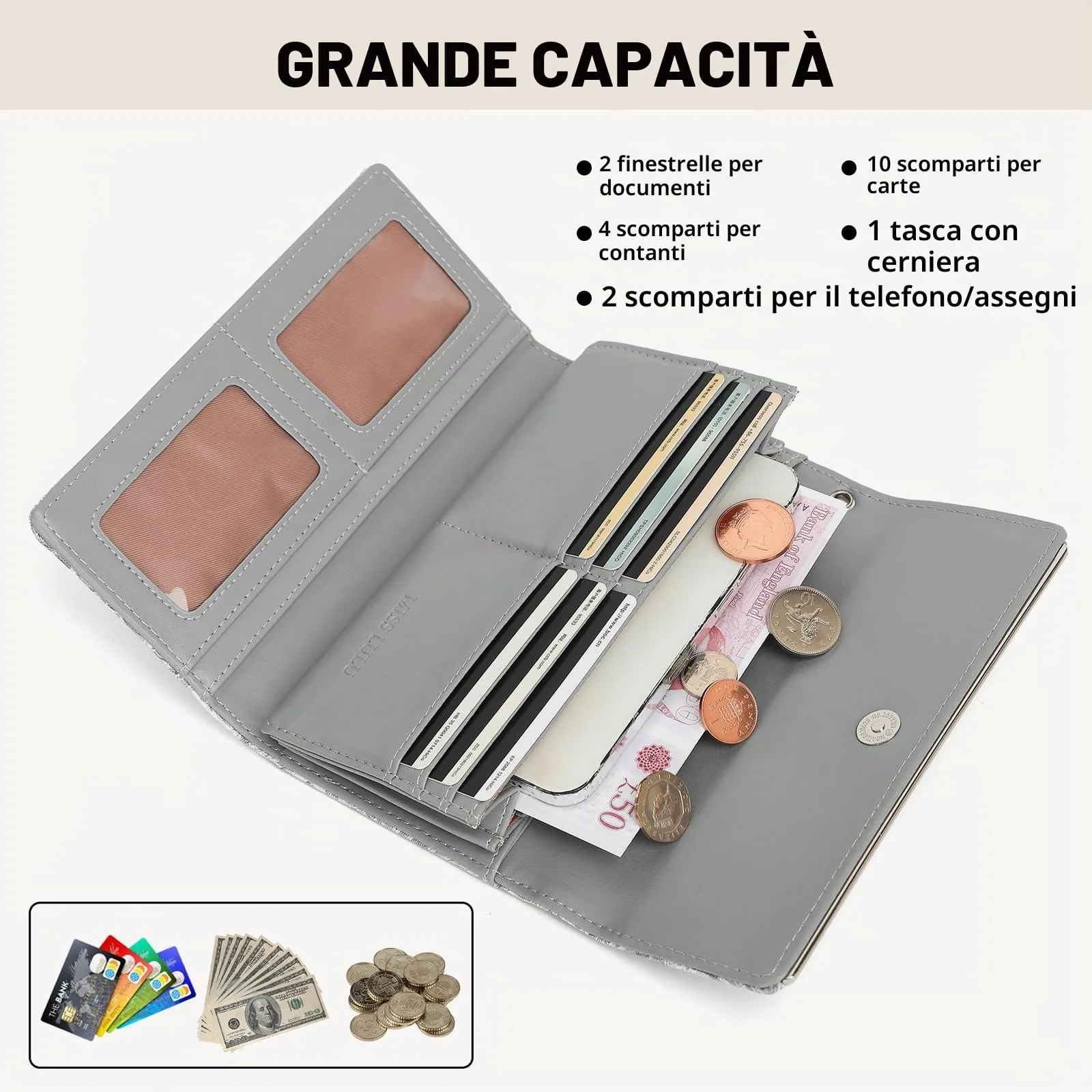 Miss Lulu Portafoglio Donna Grande, Elegante Portafoglio Donna, Portamonete Donna in Pelle Sintetica con Stampa Bianca, Borsellino Donna Piccolo - immagine 3