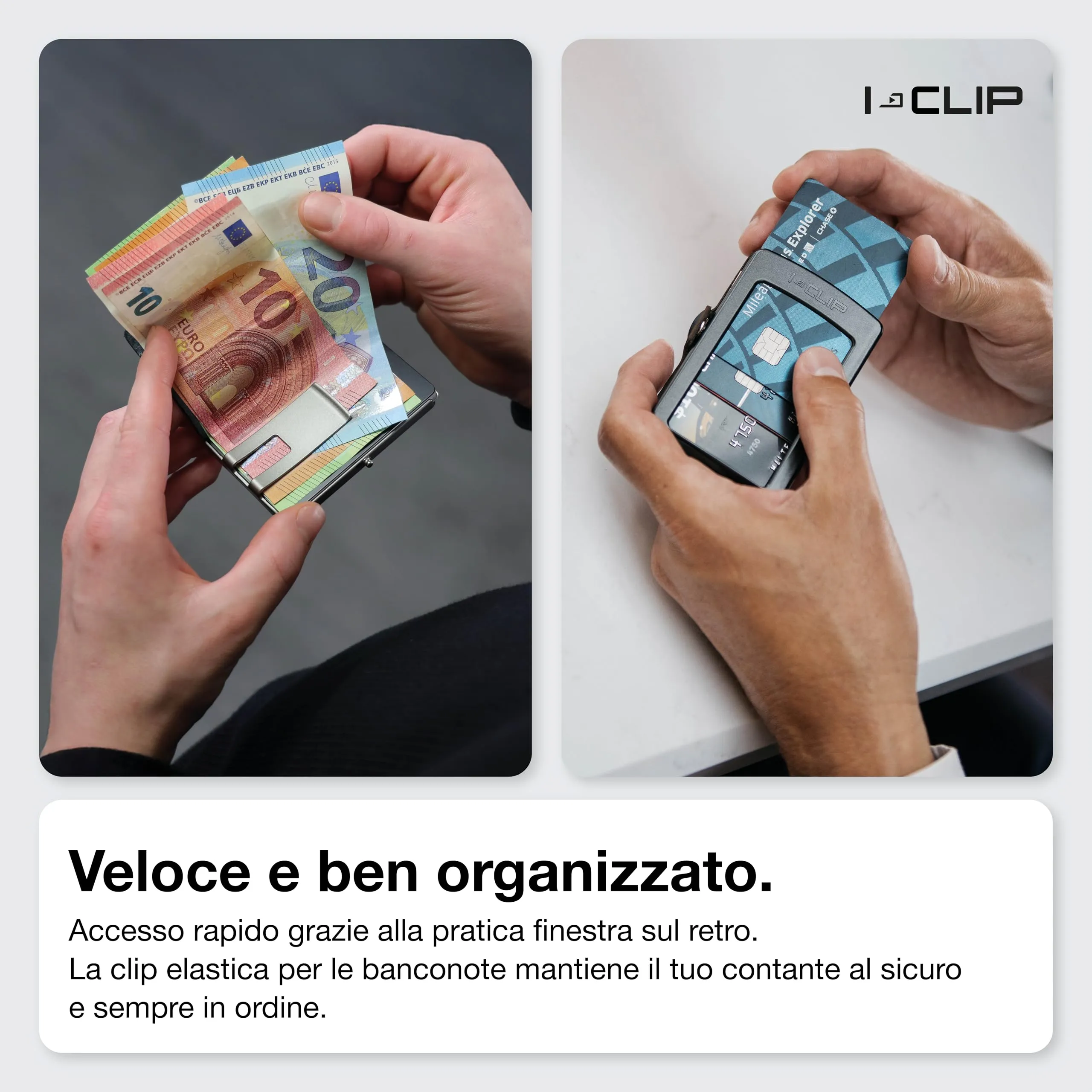I-CLIP Original Portafoglio Uomo Slim Banconote, Mini Wallet fino a 12 Carte, Pelle Liscia Nero, Telaio Nero - immagine 4