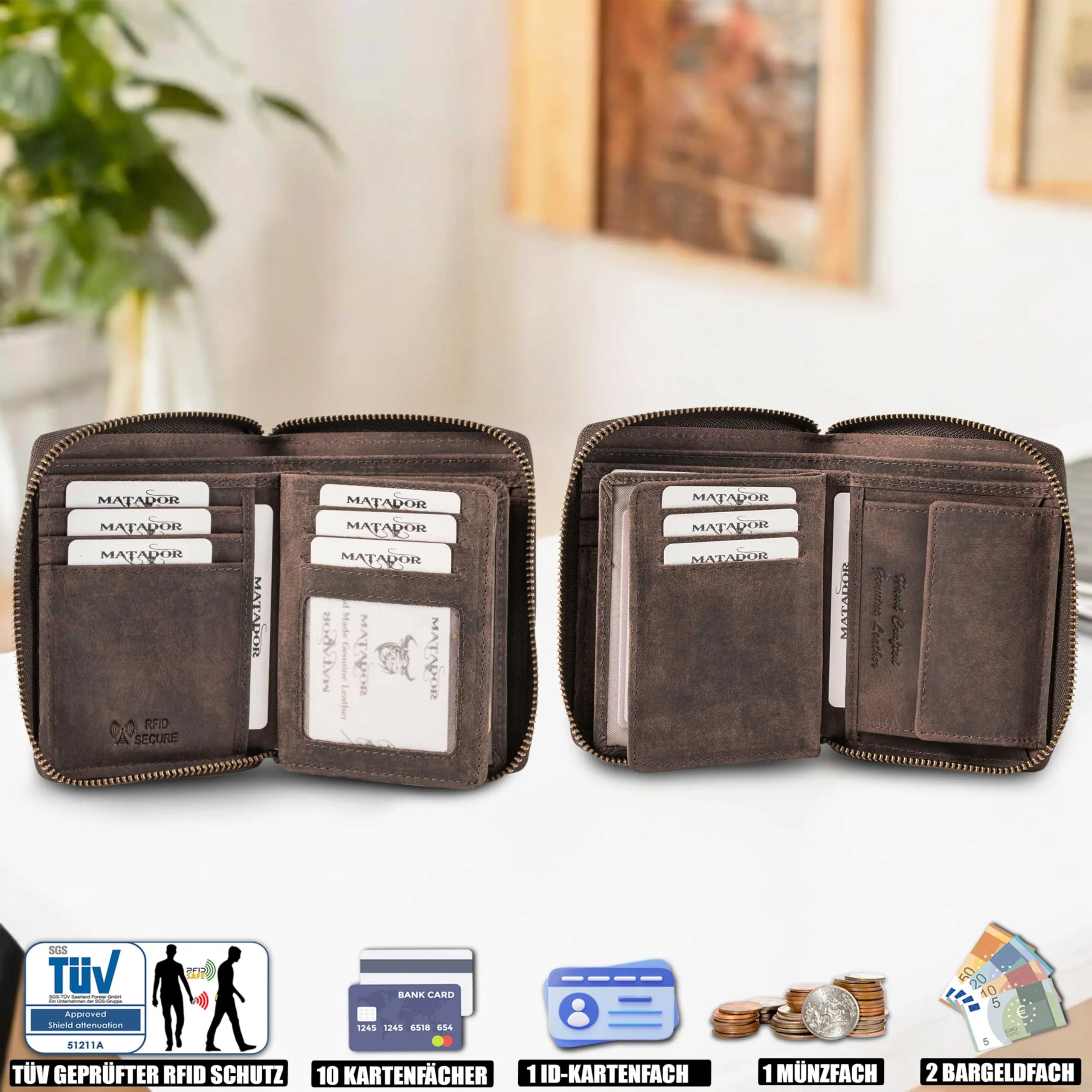 Matador Portafoglio Uomo con Portamonete Pelle RFID Zip Marrone Scuro - immagine 2