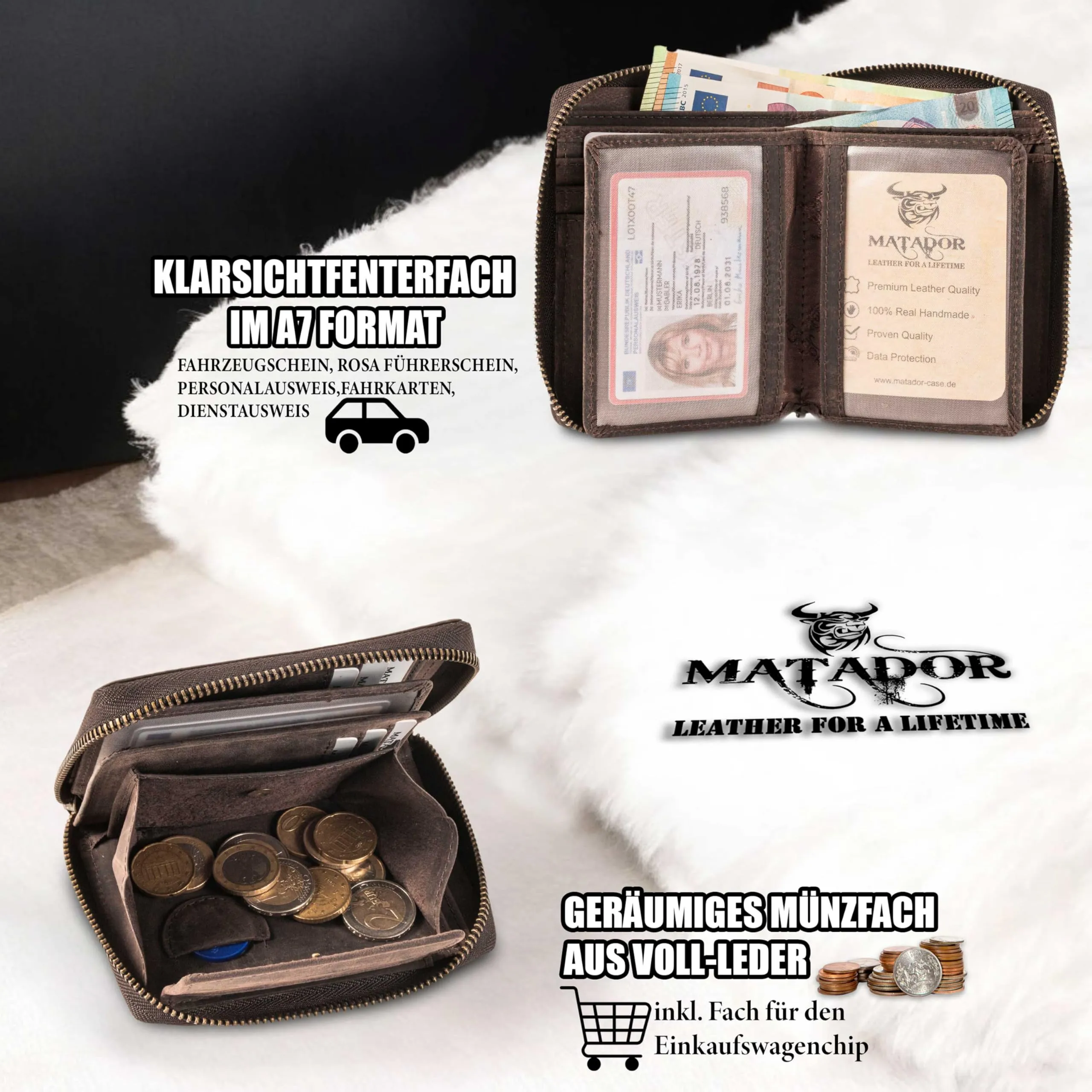 Matador Portafoglio Uomo con Portamonete Pelle RFID Zip Marrone Scuro - immagine 3