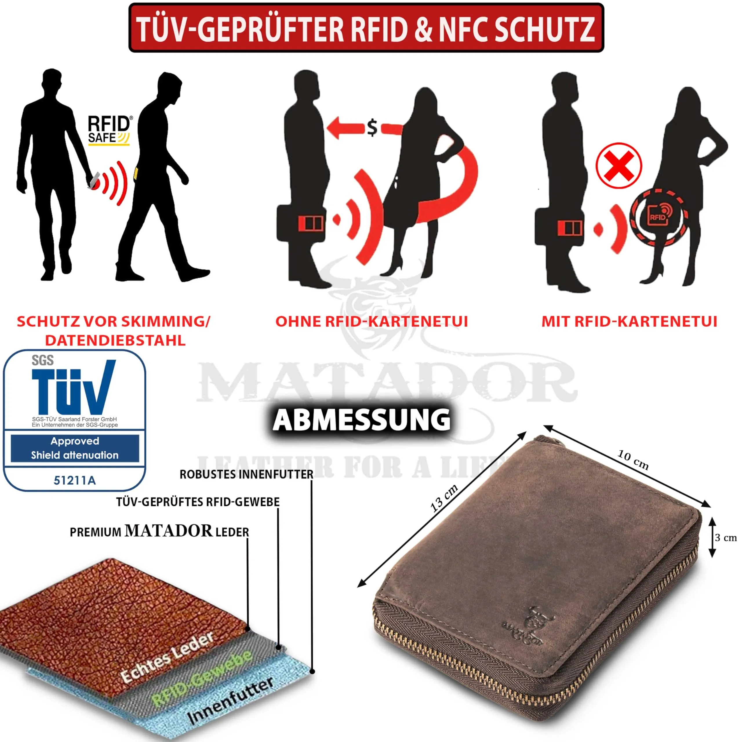 Matador Portafoglio Uomo con Portamonete Pelle RFID Zip Marrone Scuro - immagine 4