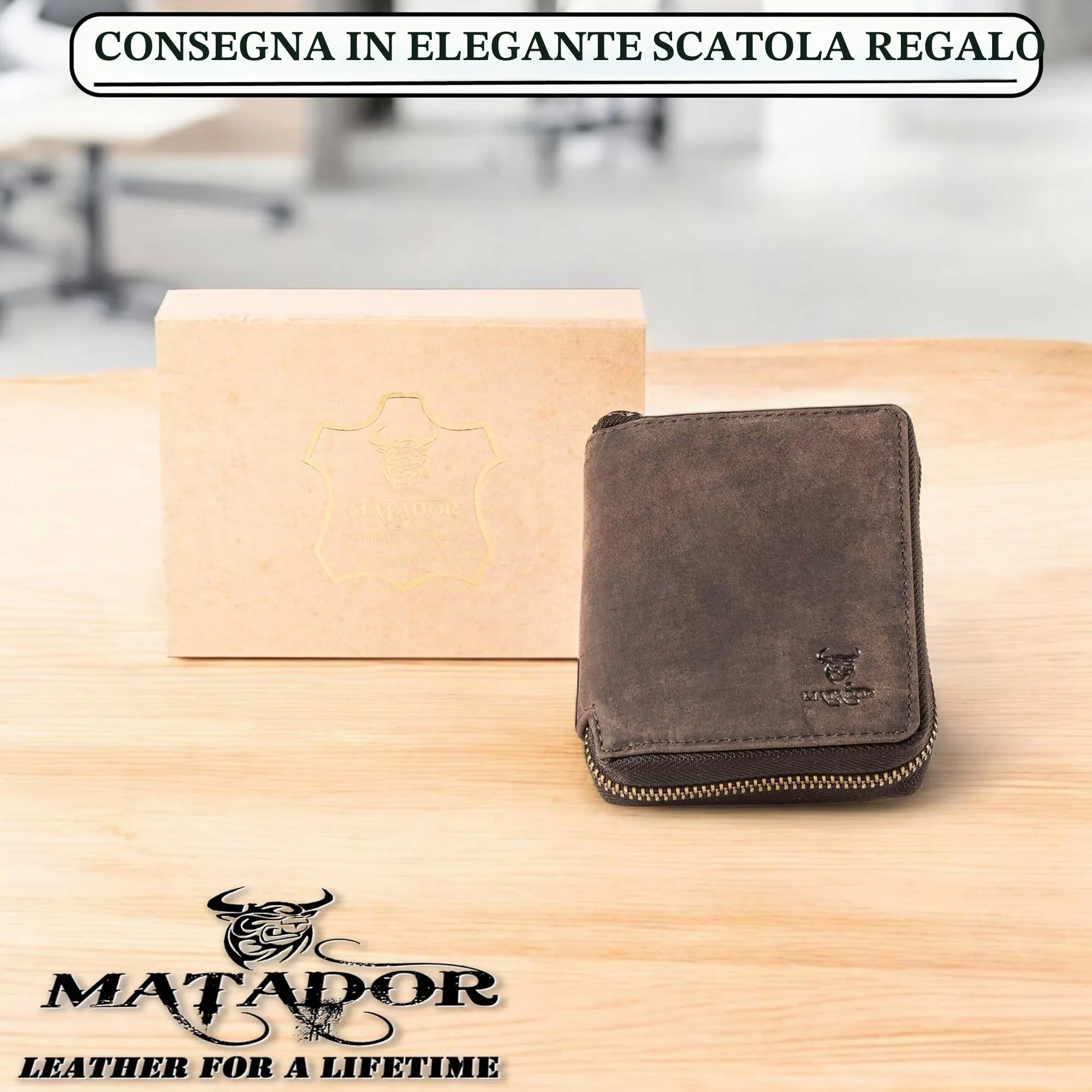 Matador Portafoglio Uomo con Portamonete Pelle RFID Zip Marrone Scuro - immagine 5