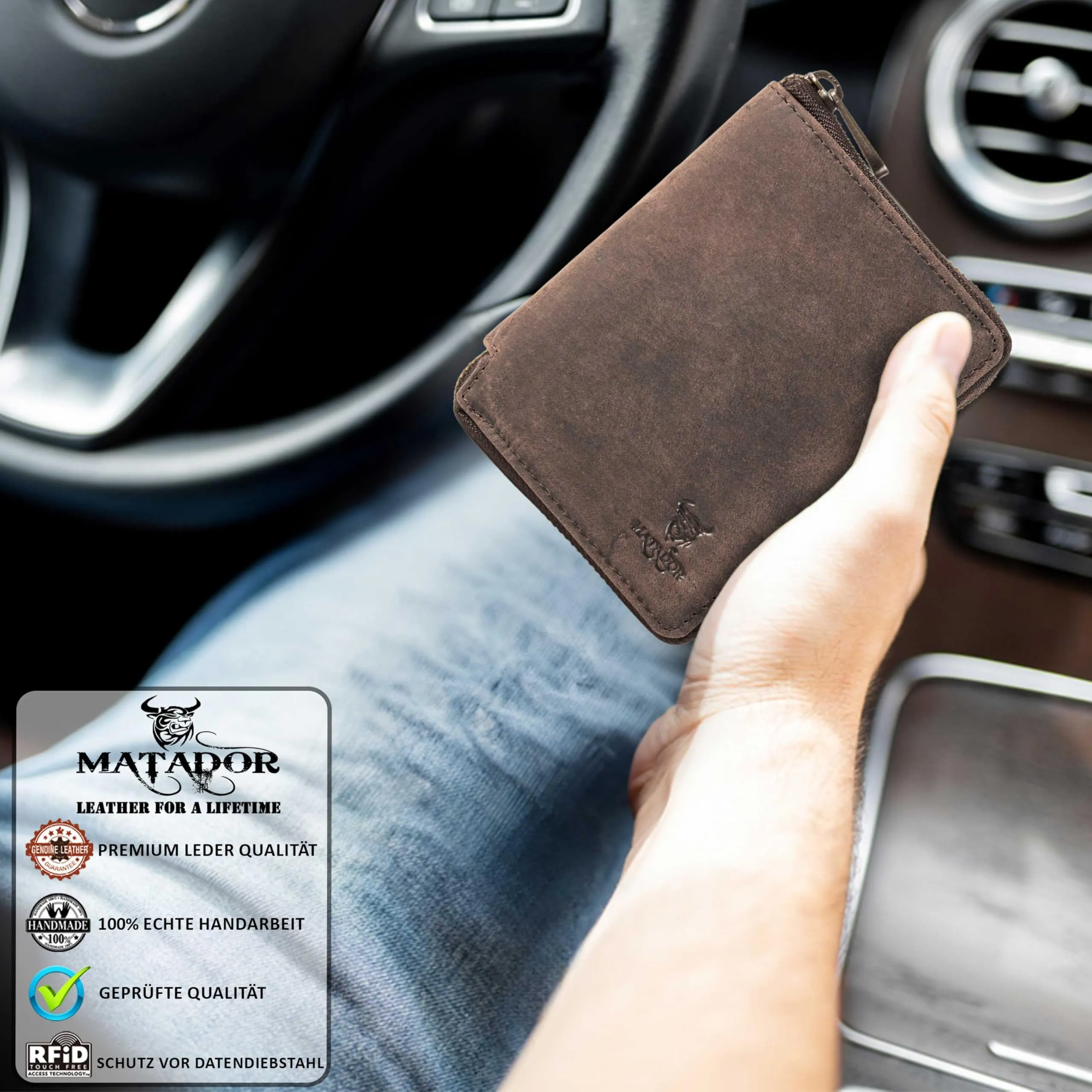 Matador Portafoglio Uomo con Portamonete Pelle RFID Zip Marrone Scuro - immagine 6