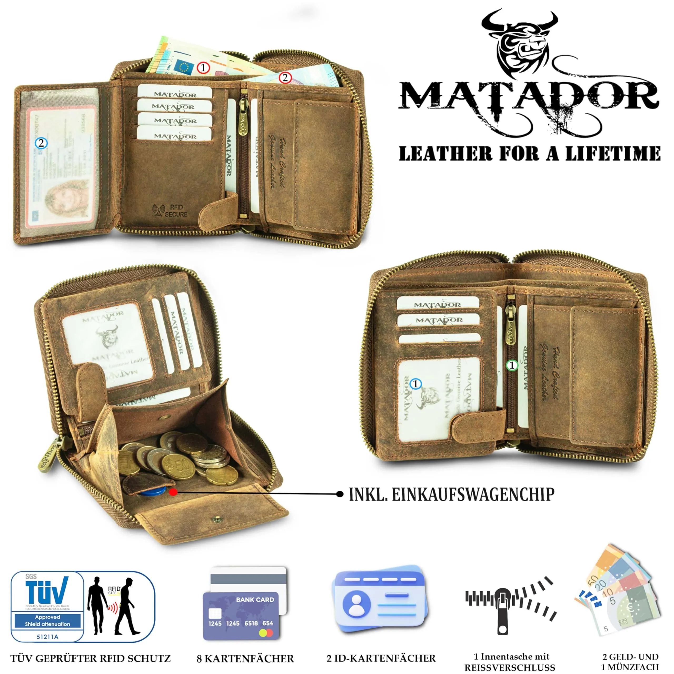 Matador Portamonete Uomo Portafoglio Pelle RFID Zip, Marrone Hunter - immagine 2