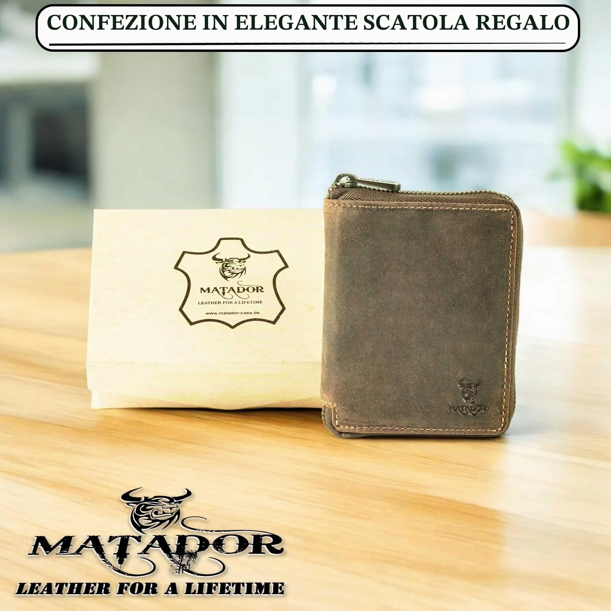 Matador Portamonete Uomo Portafoglio Pelle RFID Zip, Marrone Hunter - immagine 6
