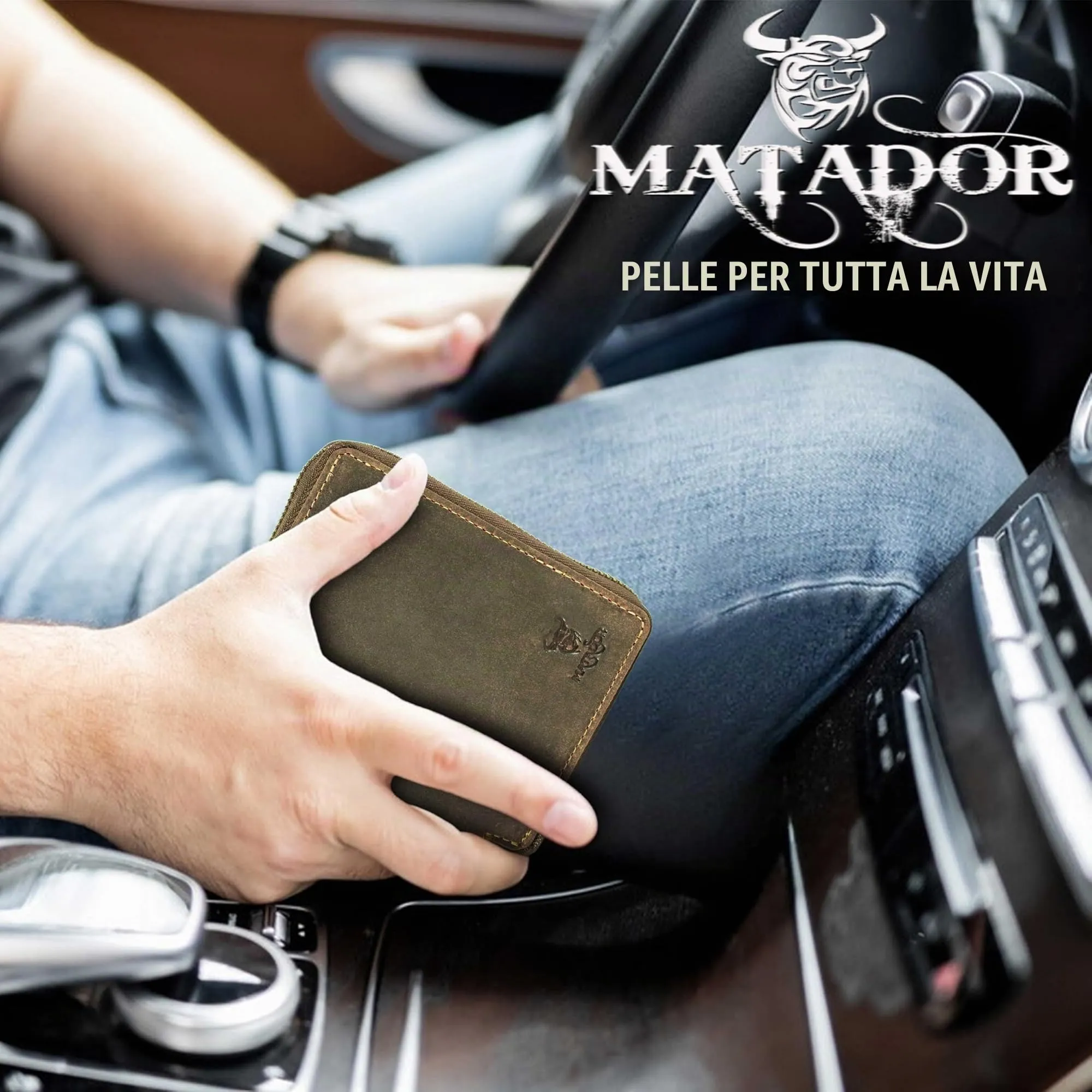 Matador Portamonete Uomo Portafoglio Pelle RFID Zip, Marrone Hunter - immagine 7