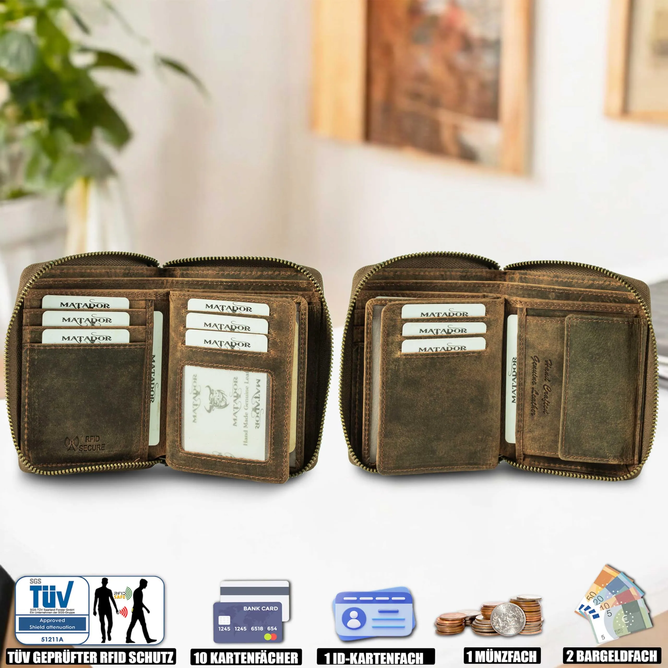 Matador Portafoglio Uomo Grande e Donna Vera Pelle RFID Marrone Hunter Zip - immagine 2