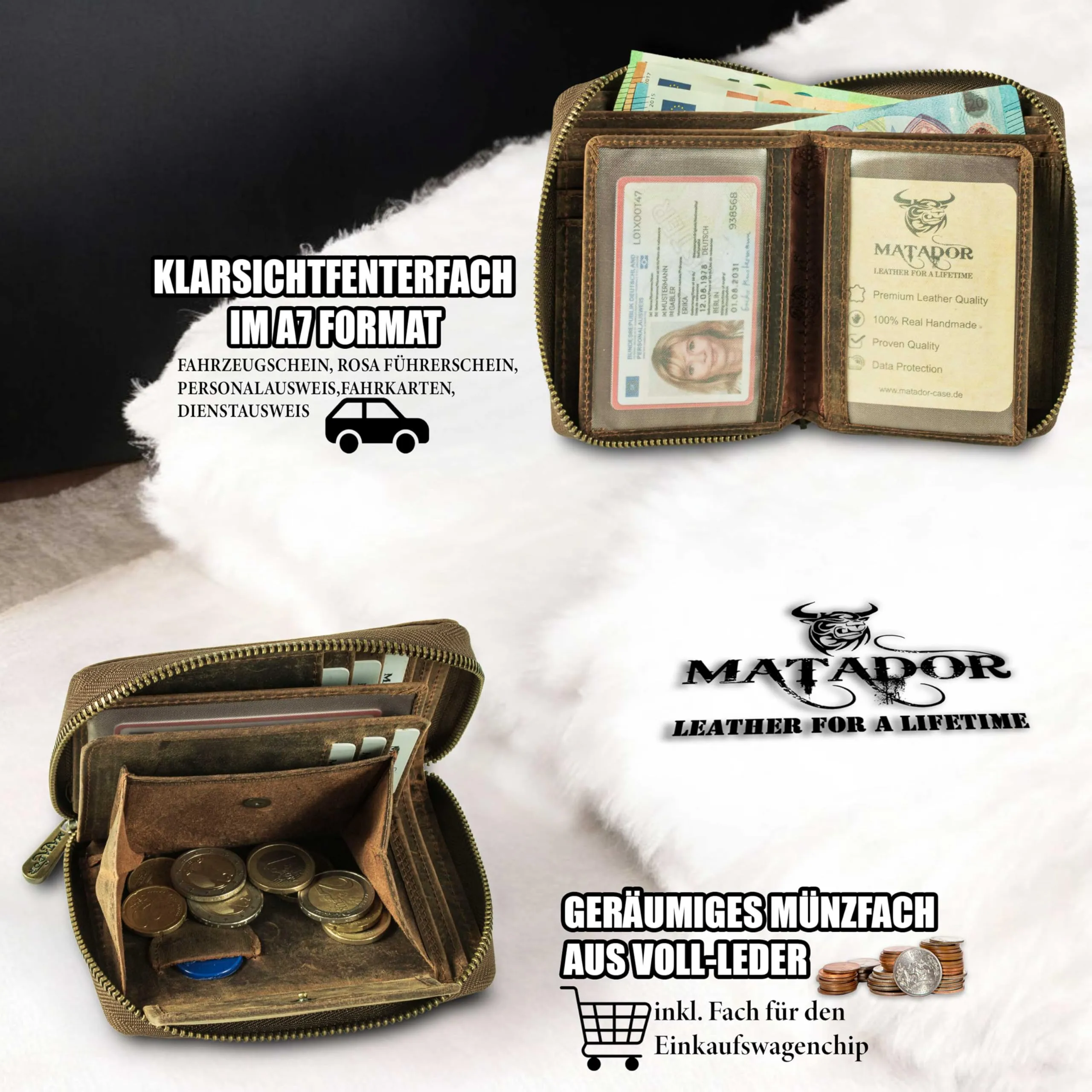 Matador Portafoglio Uomo Grande e Donna Vera Pelle RFID Marrone Hunter Zip - immagine 3