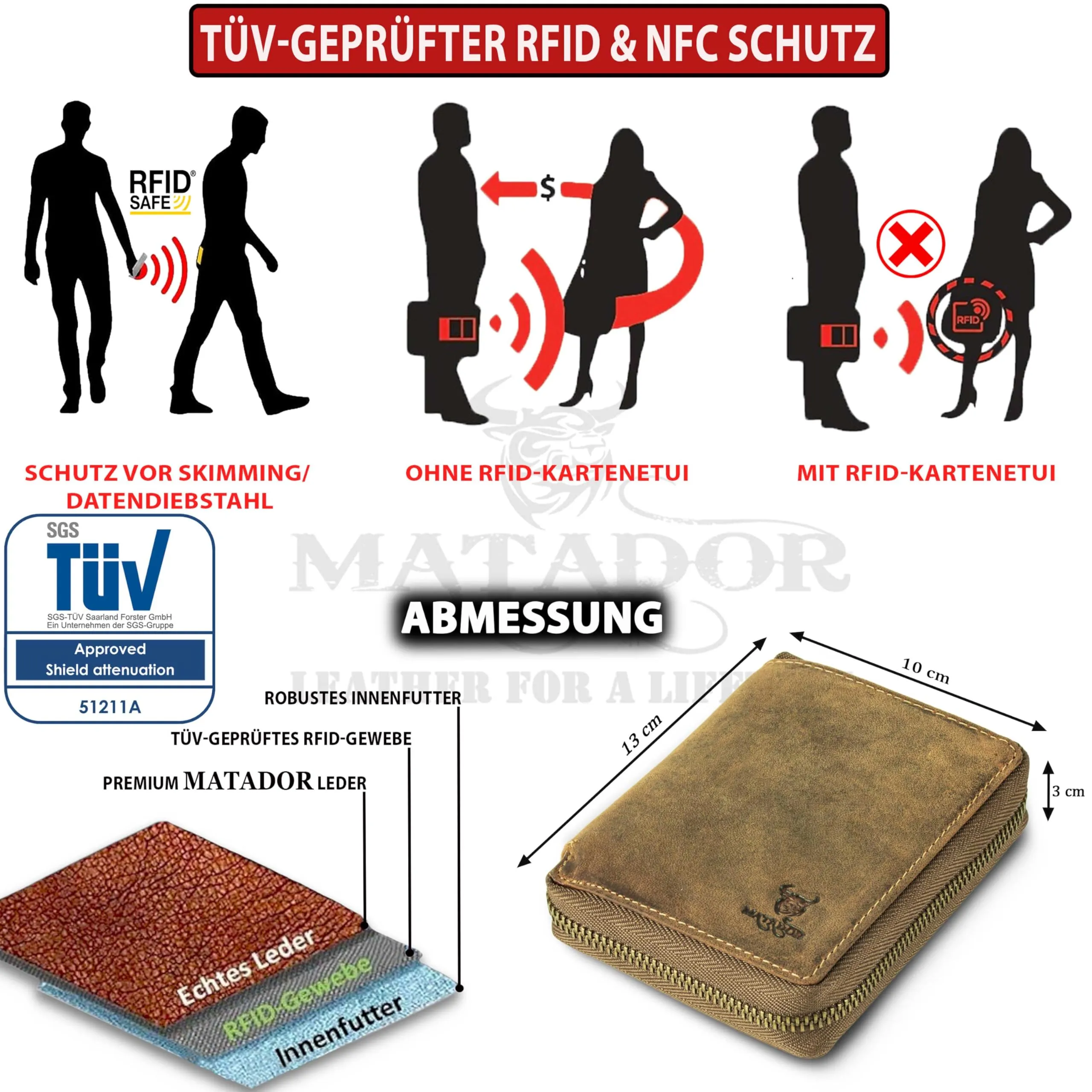 Matador Portafoglio Uomo Grande e Donna Vera Pelle RFID Marrone Hunter Zip - immagine 4