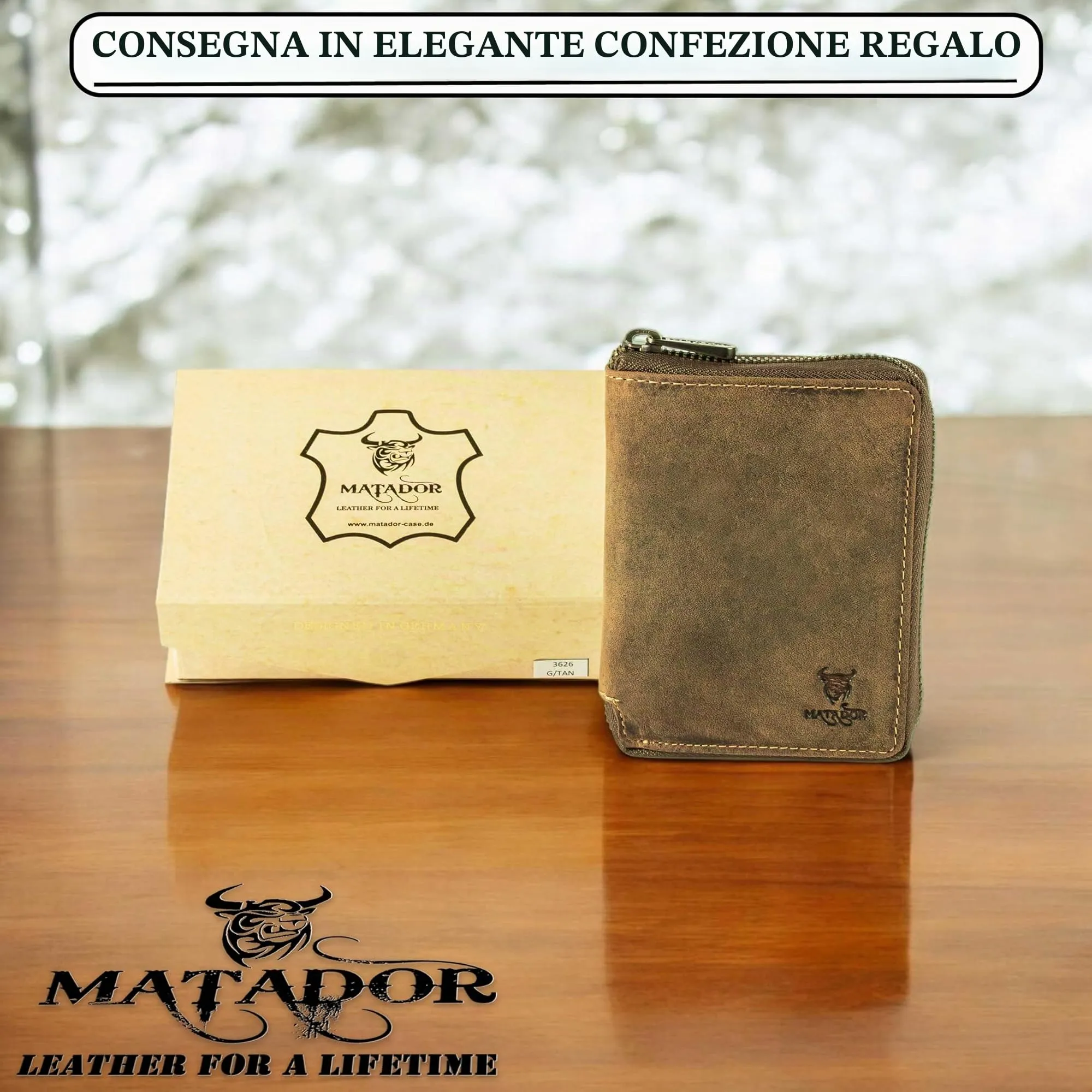Matador Portafoglio Uomo Grande e Donna Vera Pelle RFID Marrone Hunter Zip - immagine 5