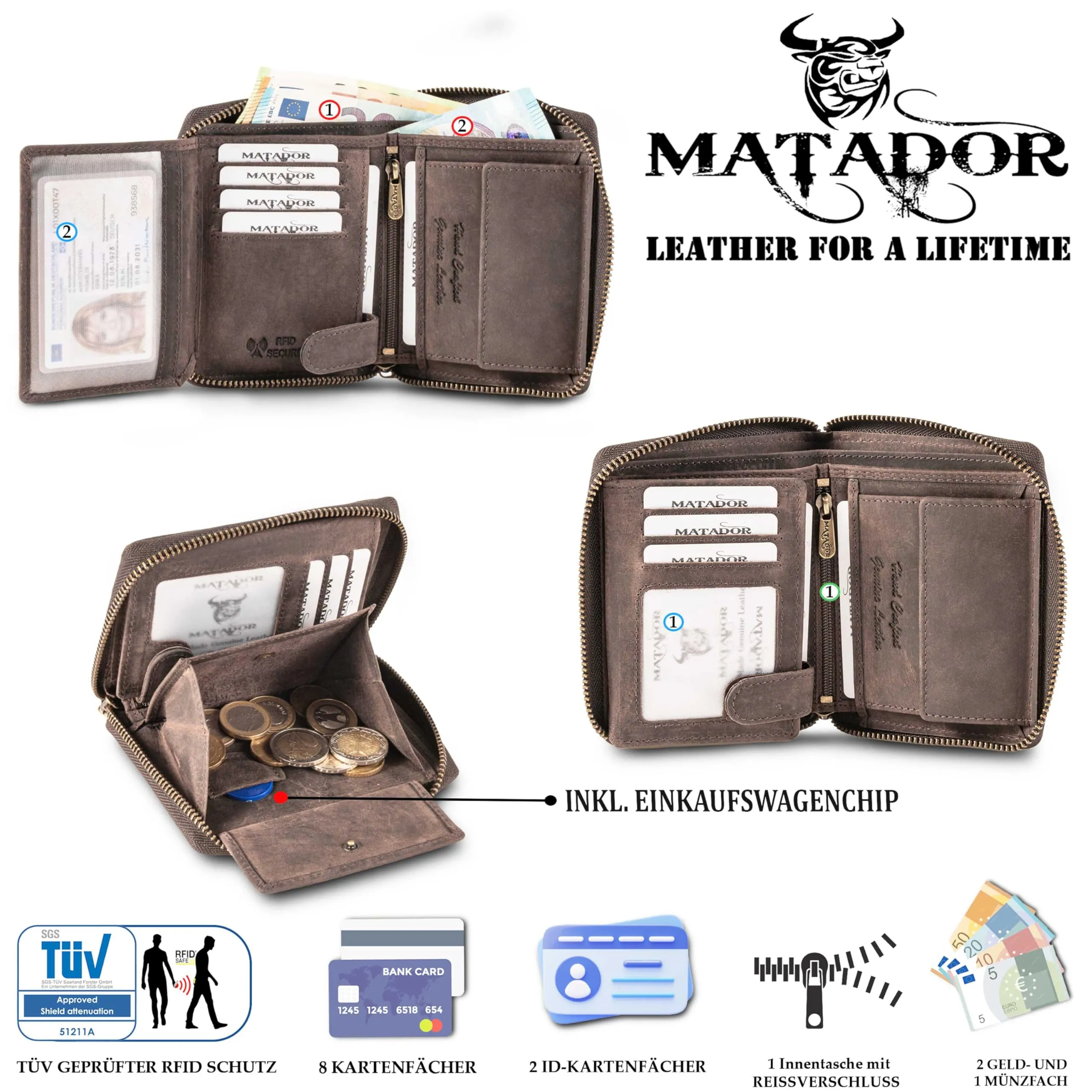Matador Portatessere Uomo Donna Vera Pelle RFID Zip, Marrone Scuro - immagine 2