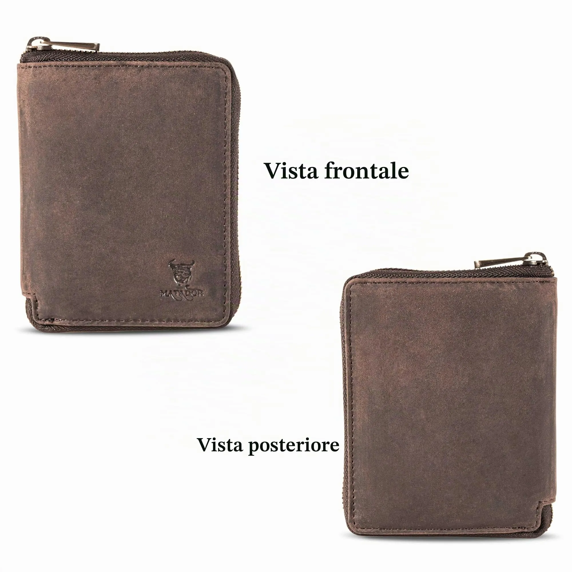 Matador Portatessere Uomo Donna Vera Pelle RFID Zip, Marrone Scuro - immagine 3