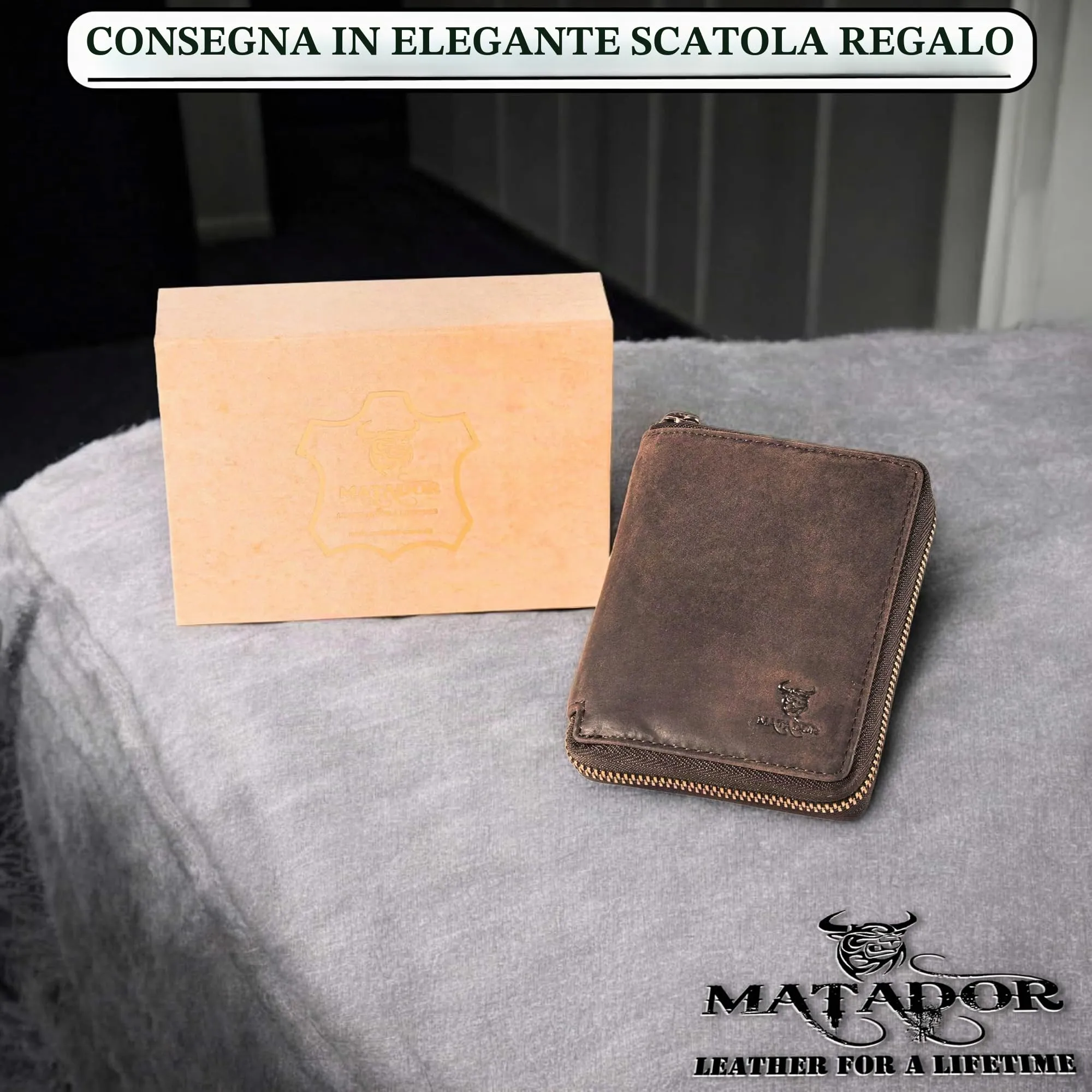 Matador Portatessere Uomo Donna Vera Pelle RFID Zip, Marrone Scuro - immagine 6
