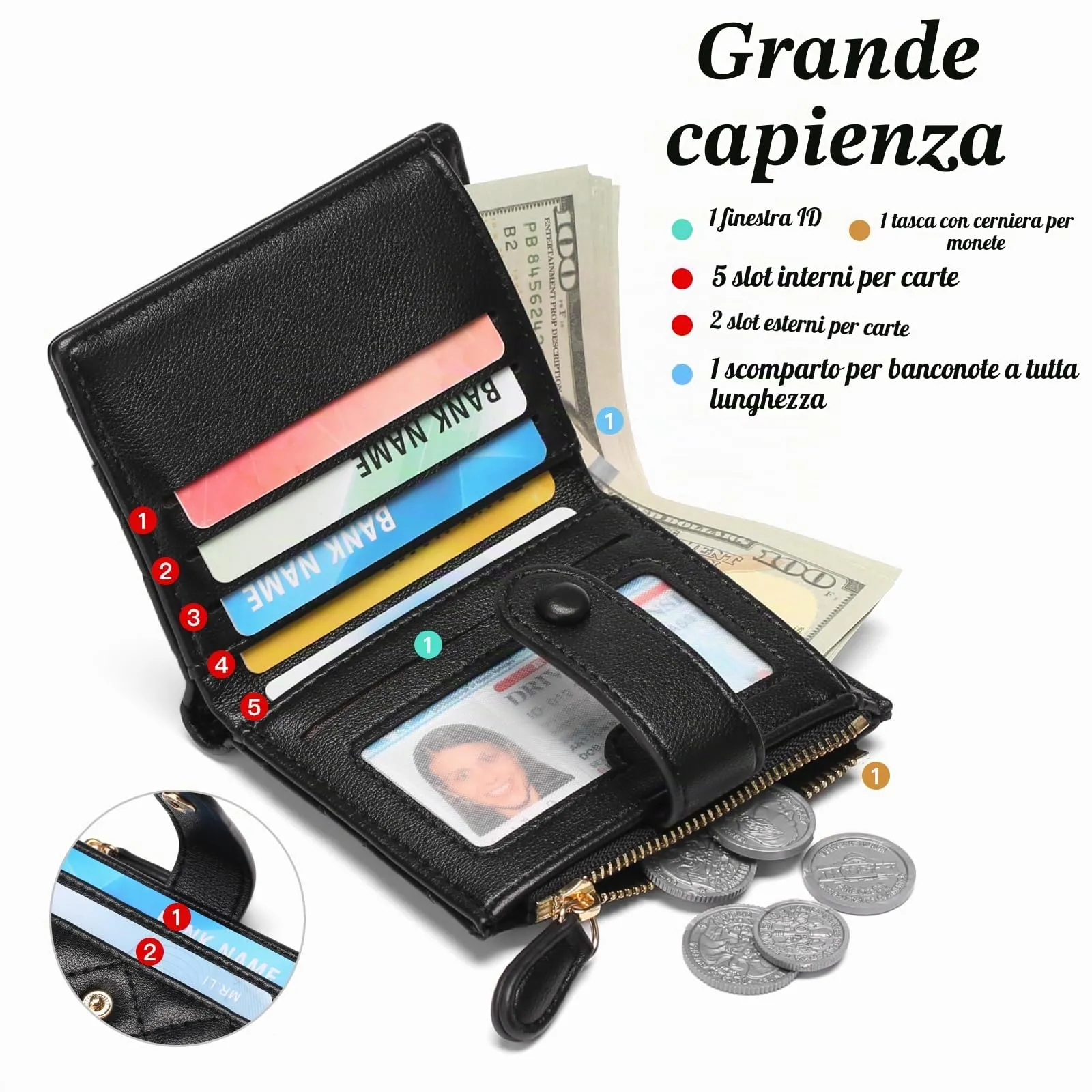 GAEKEAO Portafoglio Donna Slim, Portafogli Donna Piccolo con Protezione RFID, Portacarte Piccolo con ZIP, Porta Carte di Credito, con Tasca Portamonete e Contanti Borsellino Regalo Donne - immagine 2