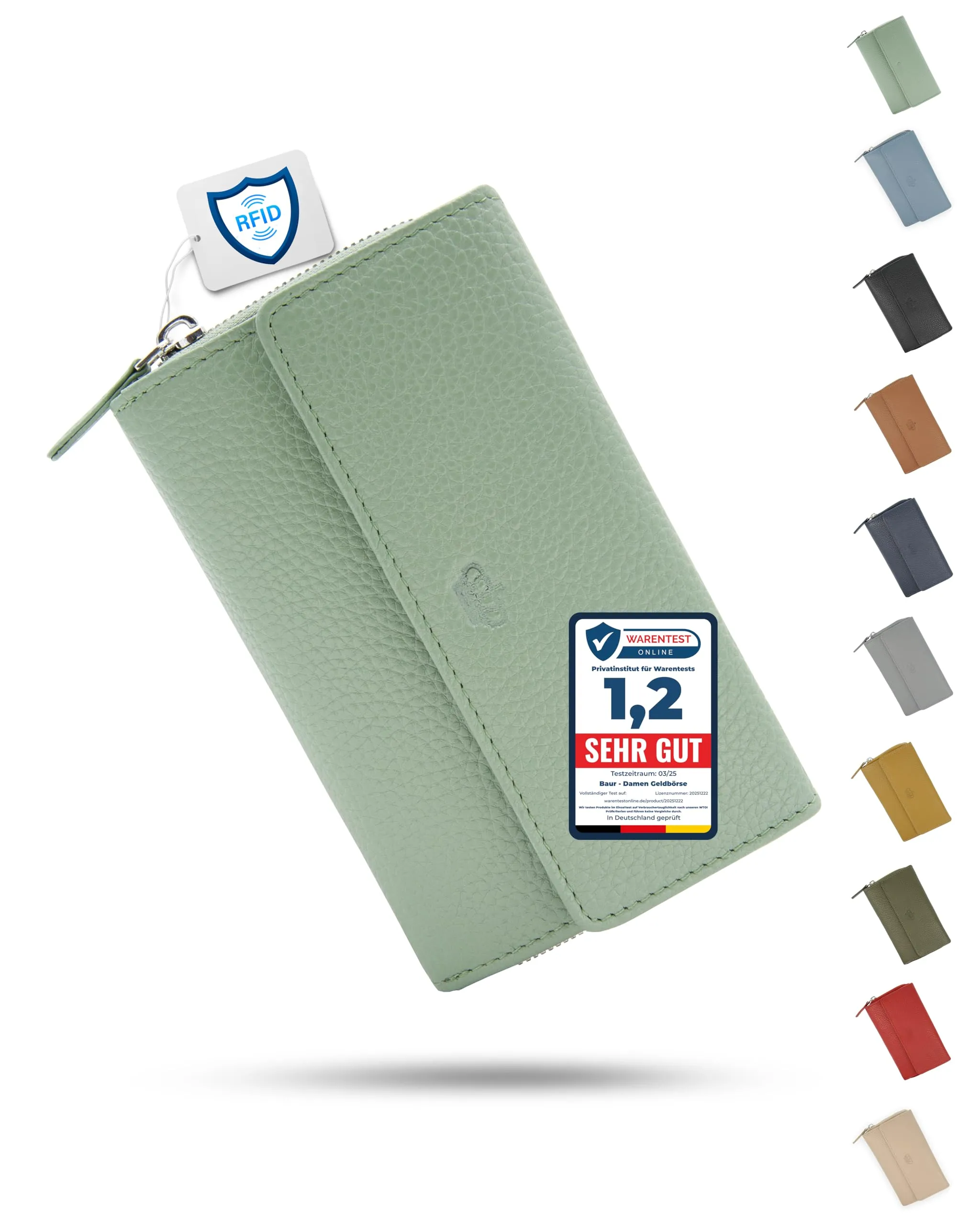 Baur portafoglio da donna – vera pelle con protezione RFID – portafoglio grande con 14 scomparti per carte – chiusura a bottone a pressione & tasca portamonete con cerniera (Verde salvia) - immagine 1