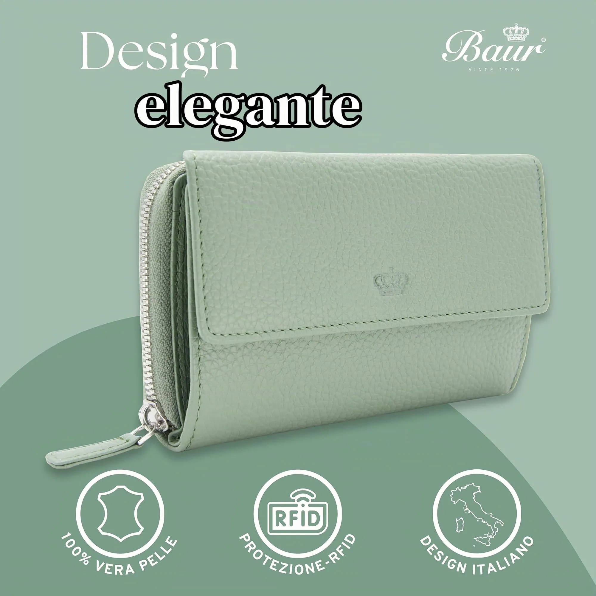 Baur portafoglio da donna – vera pelle con protezione RFID – portafoglio grande con 14 scomparti per carte – chiusura a bottone a pressione & tasca portamonete con cerniera (Verde salvia) - immagine 2