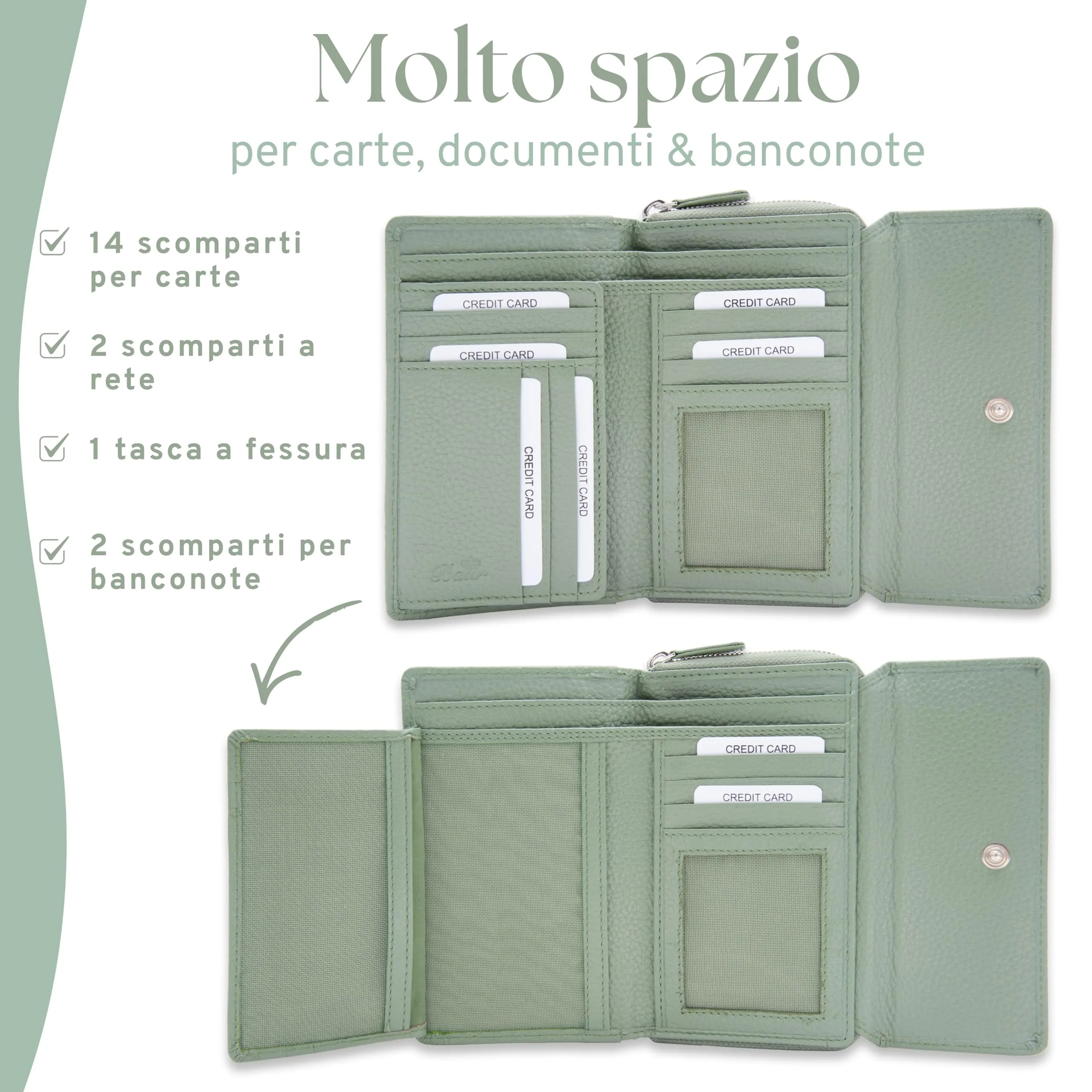 Baur portafoglio da donna – vera pelle con protezione RFID – portafoglio grande con 14 scomparti per carte – chiusura a bottone a pressione & tasca portamonete con cerniera (Verde salvia) - immagine 4