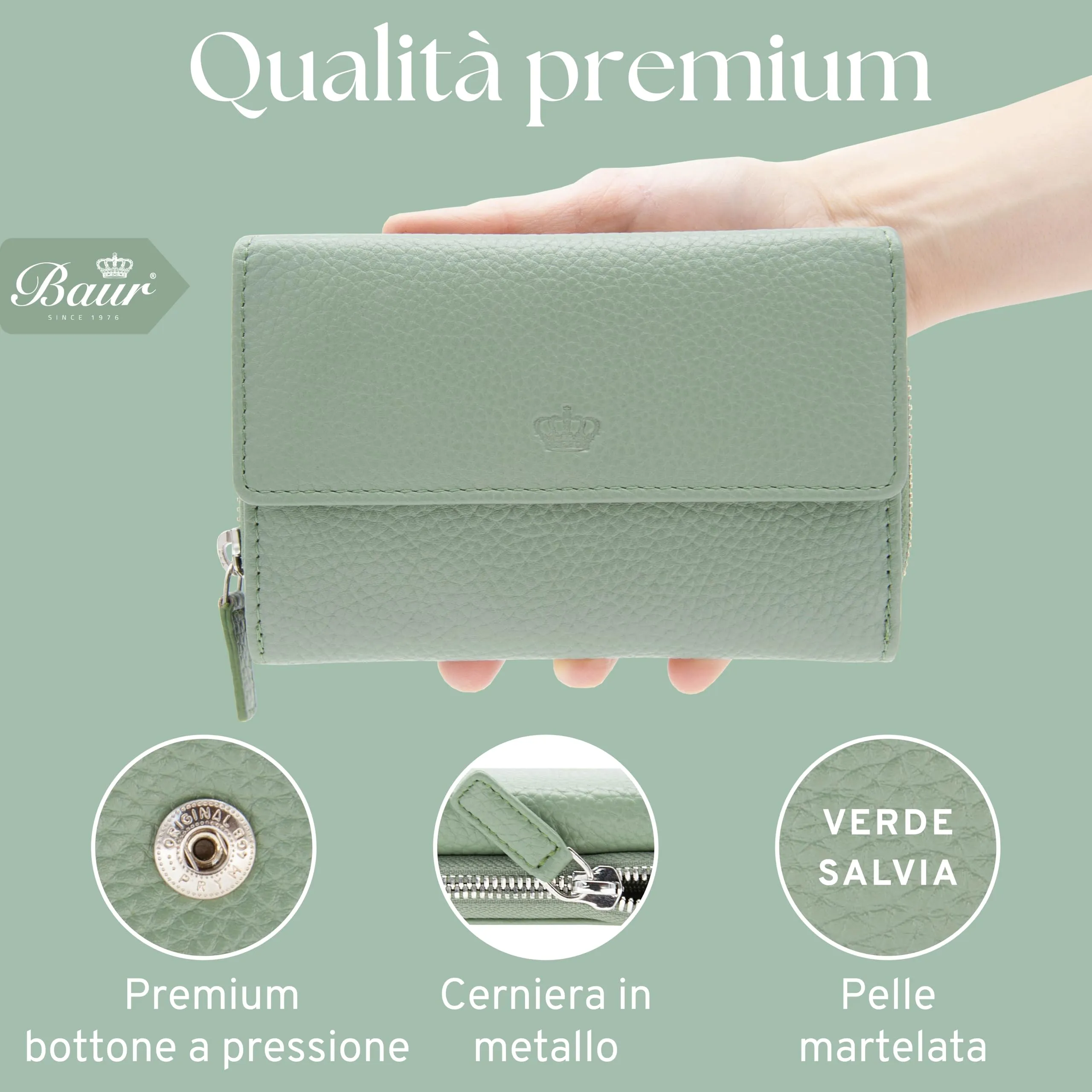 Baur portafoglio da donna – vera pelle con protezione RFID – portafoglio grande con 14 scomparti per carte – chiusura a bottone a pressione & tasca portamonete con cerniera (Verde salvia) - immagine 6